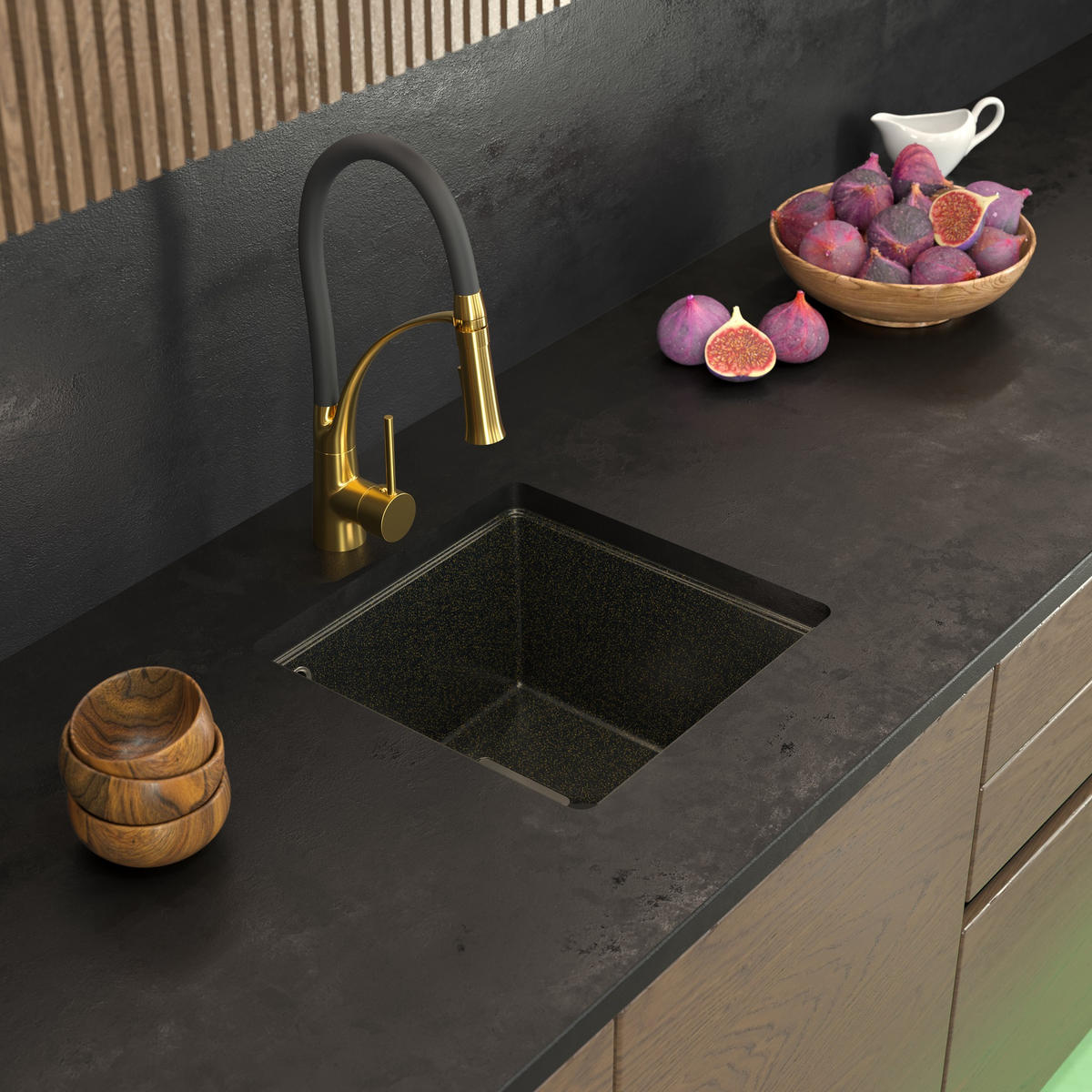 SPÜLBECKEN Napo Schwarz mit goldenen Sprenkeln 42 cm Unterbau 1-tlg. - Schwarz, Stein (42/42/20cm) - Granitan