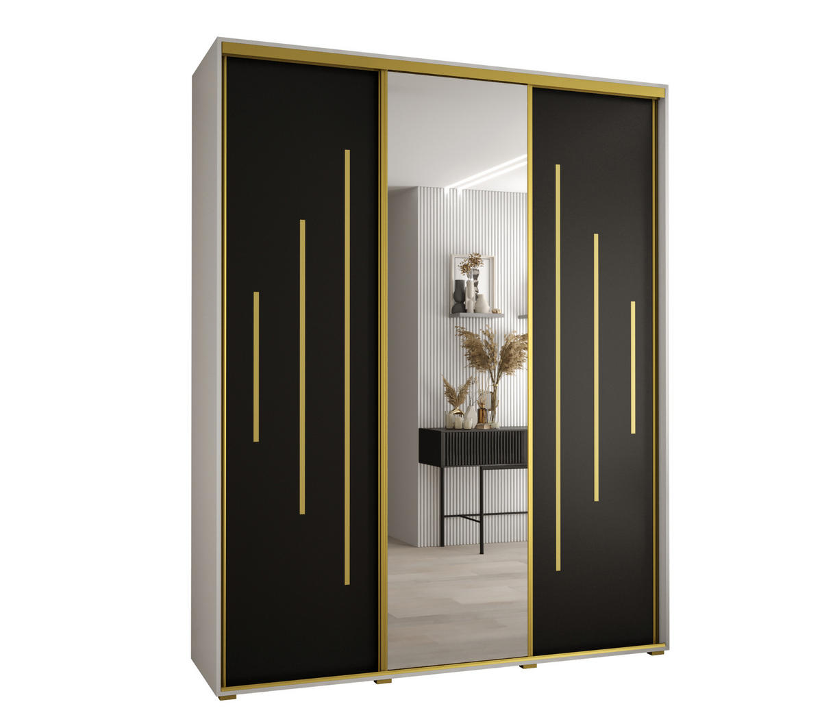 SCHWEBETÜRENSCHRANK 235,2/190/60 3-türig - Goldfarben/Schwarz, Holz/Metall (190/235/60cm) - Abiks Möbel