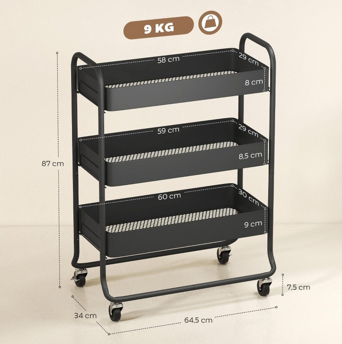 KÜCHENWAGEN mit 3 Körben 64,5 x 34 x 87 cm Schwarz - Schwarz, Metall (34/87/64.5cm) - Beauniv