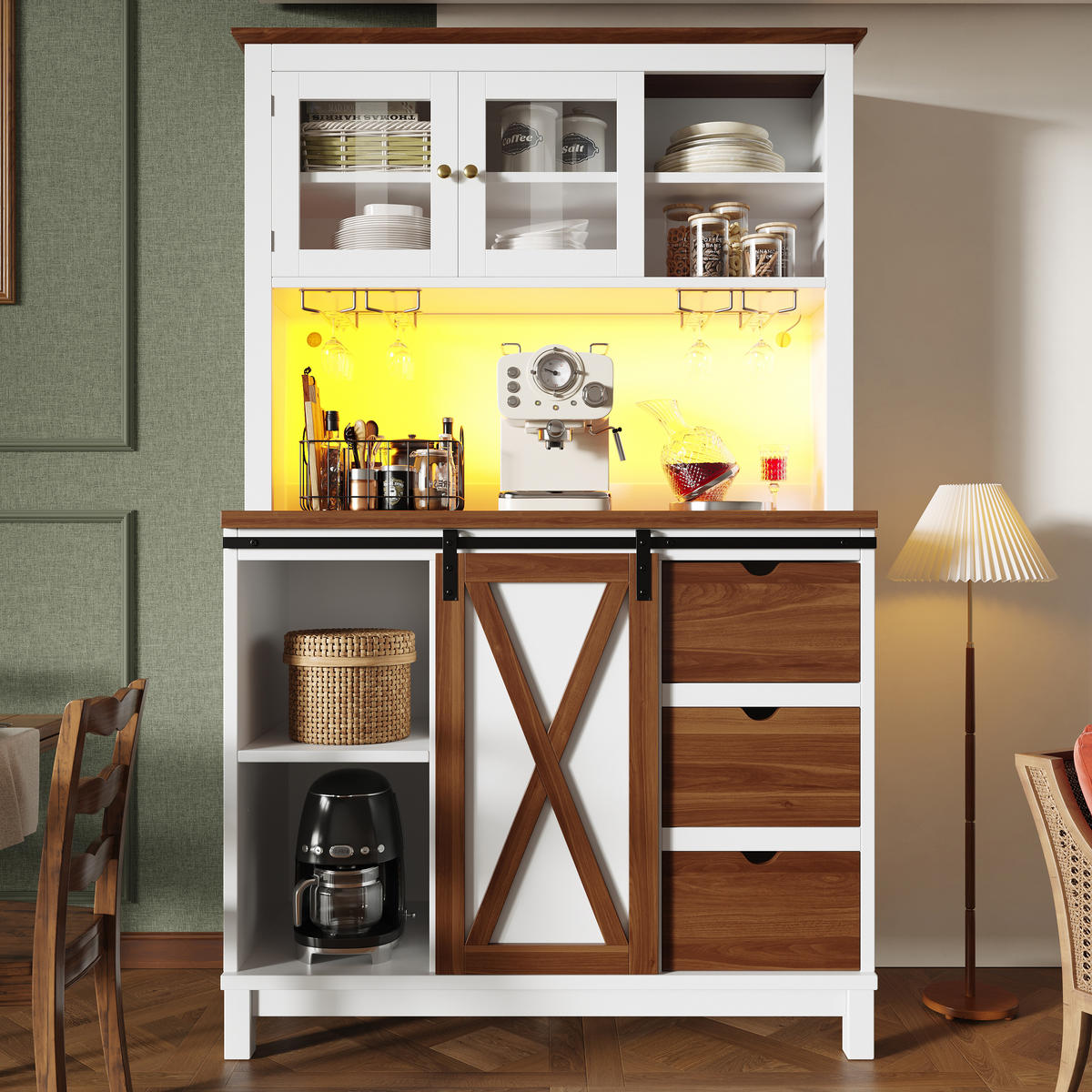 GESCHIRRSCHRANK aus MDF, Metall & Glas 104x40x180cm in Weiß mit LED - Weiß, Holzwerkstoff (104/180/40cm) - Modfu