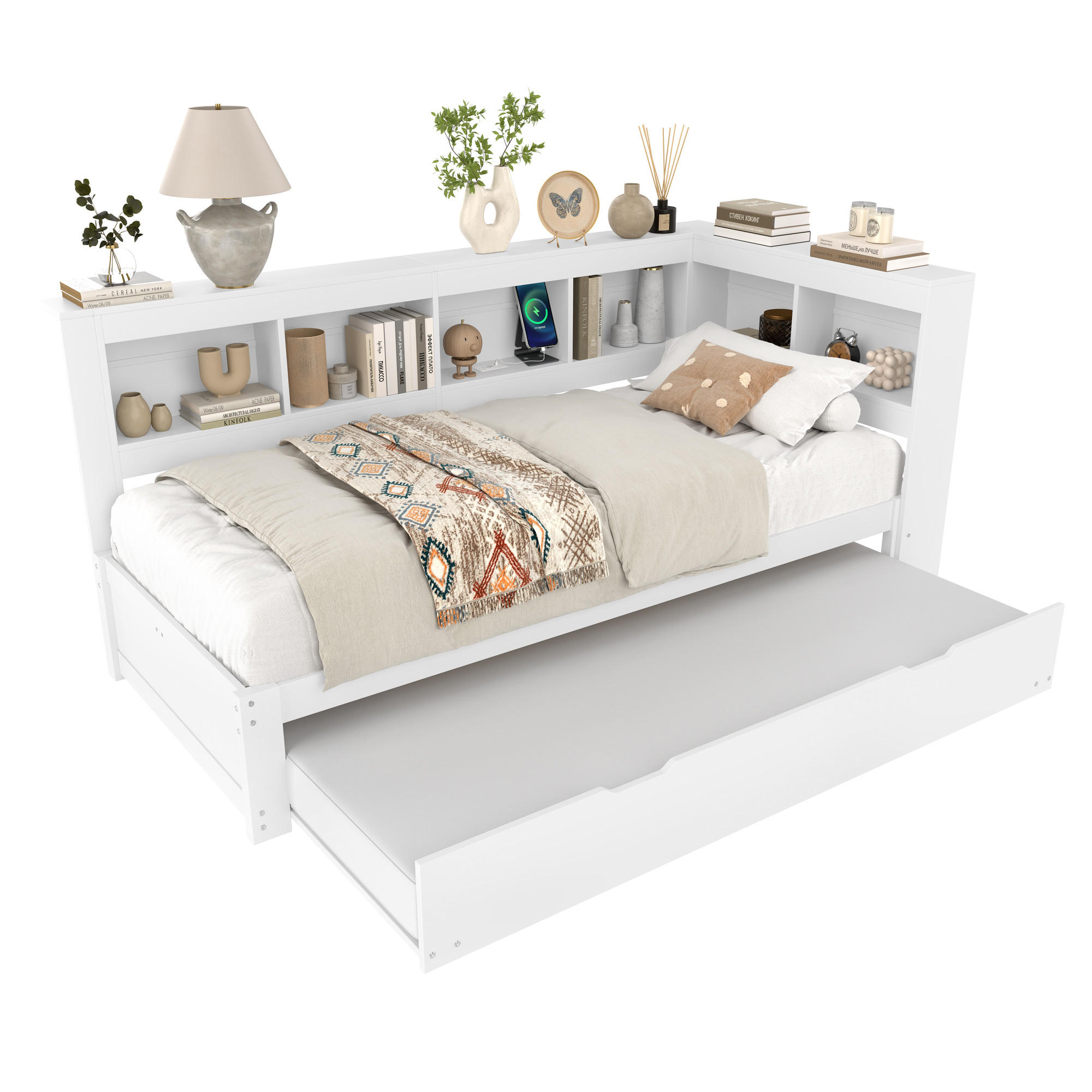 TAGEBETT 90x200cm Weiß Spanplatte Ausziehbett Steckdose USB - Weiß, Holz (90/200cm) - FLIEKS