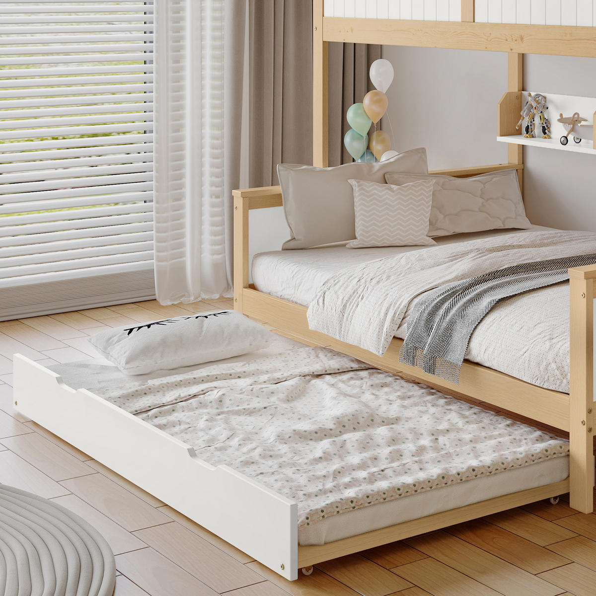 ETAGENBETT aus Kiefer und MDF 90x200/120x200 cm Weiß/Natur mit Rollbett, Stauraumtreppe und Kleiderschrank - Weiß, Holzwerkstoff (90/200cm) - Modfu