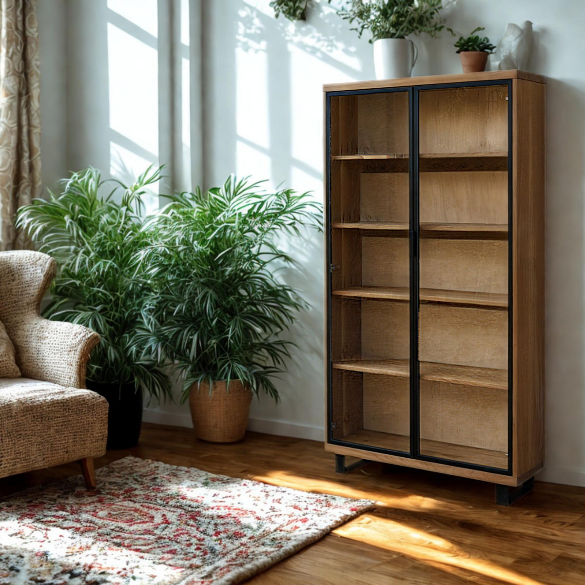 VITRINE aus Eichenholz mit Regalen DELIO III - Eichefarben, Holz (100/200/40cm) - Rawood Furniture