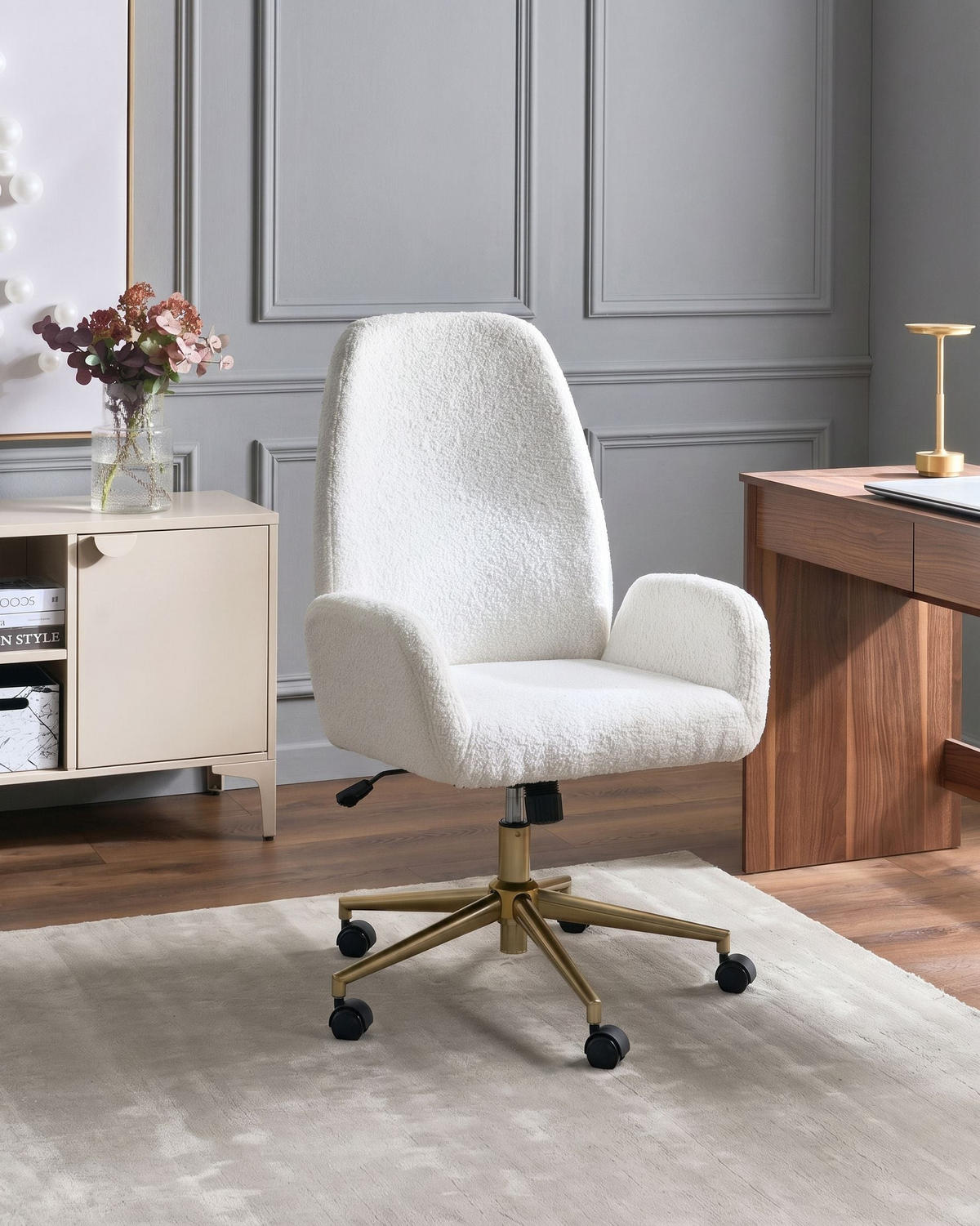 BÜROSTUHL Bouclé Weiß Clare - Weiß, Textil (62/100/64cm) - Beliani