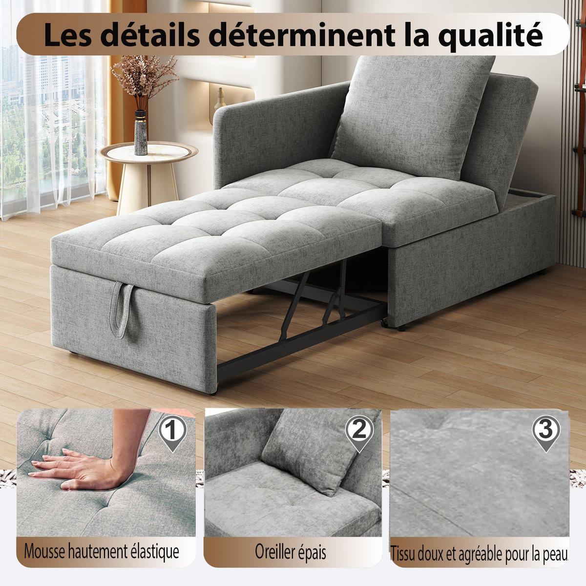 POLSTERBETT 3in1 Leinen Rückenlehne - Grau, Textil (64/177cm) - FLIEKS