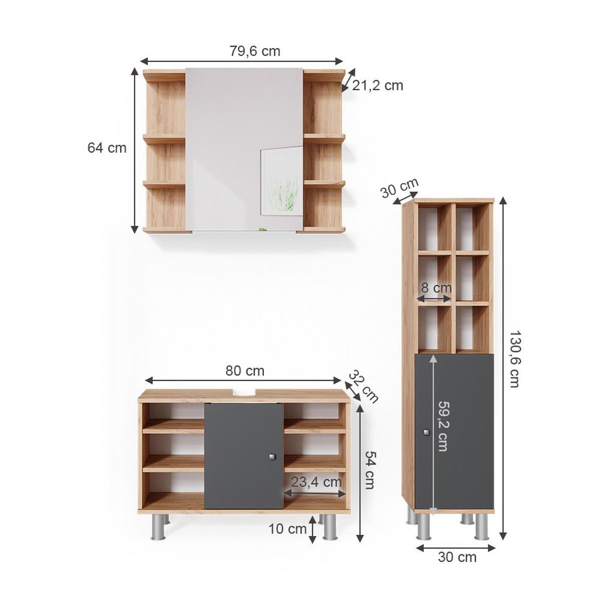 BADMÖBEL-SET Fynn Goldkraft Eiche 3 Teile, mit Midischrank Tür groß - Honigeiche/Anthrazit, Holzwerkstoff (60/54/32cm) - Vicco