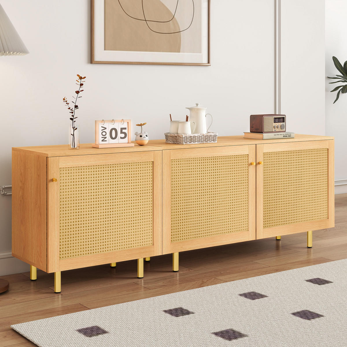 SIDEBOARD 180/40/63 cm mit 3 Türen in Naturholzoptik und goldfarbenen Griffen - Naturfarben, Holzwerkstoff (180/63/40cm) - BEAOK