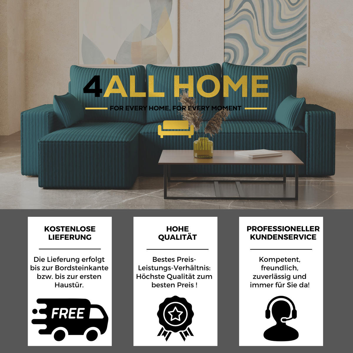 ECKSOFA Tobi mit Bettkasten und Schlaffunktion, L-Form/XL-Form, Cordstoff, Universal - Blau, Holzwerkstoff (246/145cm) - 4ALL HOME