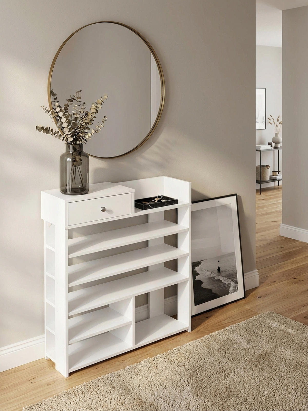 SCHUHREGAL – Weiß, 75x92,5x24 cm, 7 Fächer, mit Schublade, kompakt - Weiß, Holz/Metall (75/93/24cm) - KADIMA DESIGN