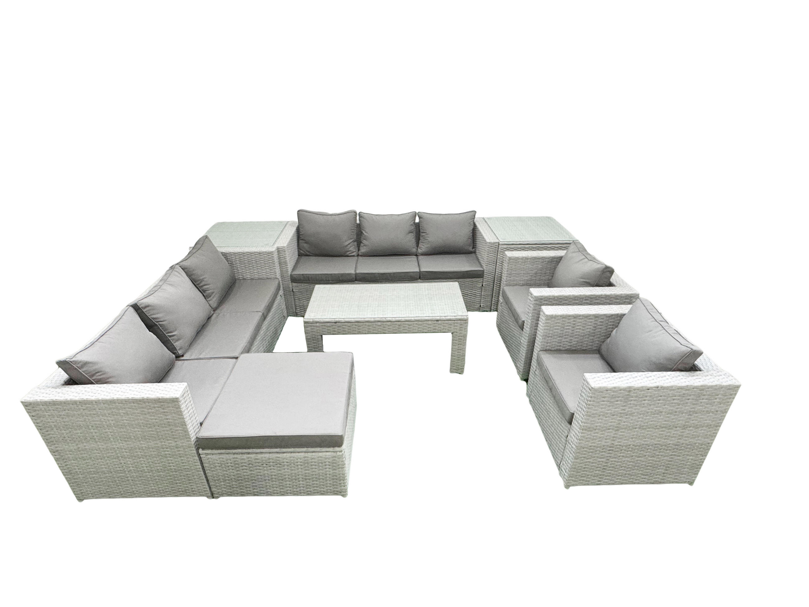 GARTENSOFA hohe Rückenlehne Polyrattan Hellgrau-Mix 9-Sitzer - Hellgrau/Grau, Glas/Kunststoff - Fimous