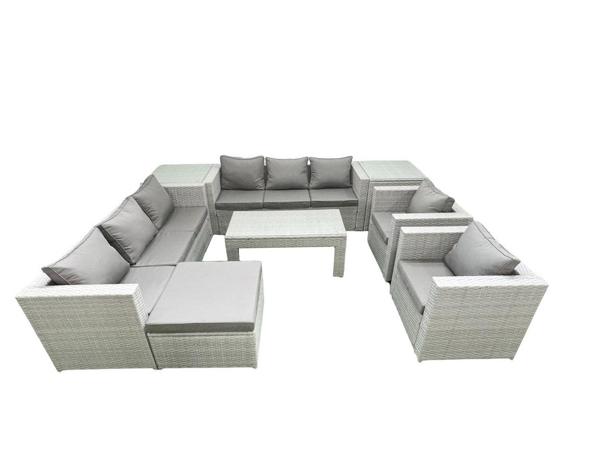 GARTENSOFA hohe Rückenlehne Polyrattan Hellgrau-Mix 9-Sitzer - Hellgrau/Grau, Glas/Kunststoff - Fimous