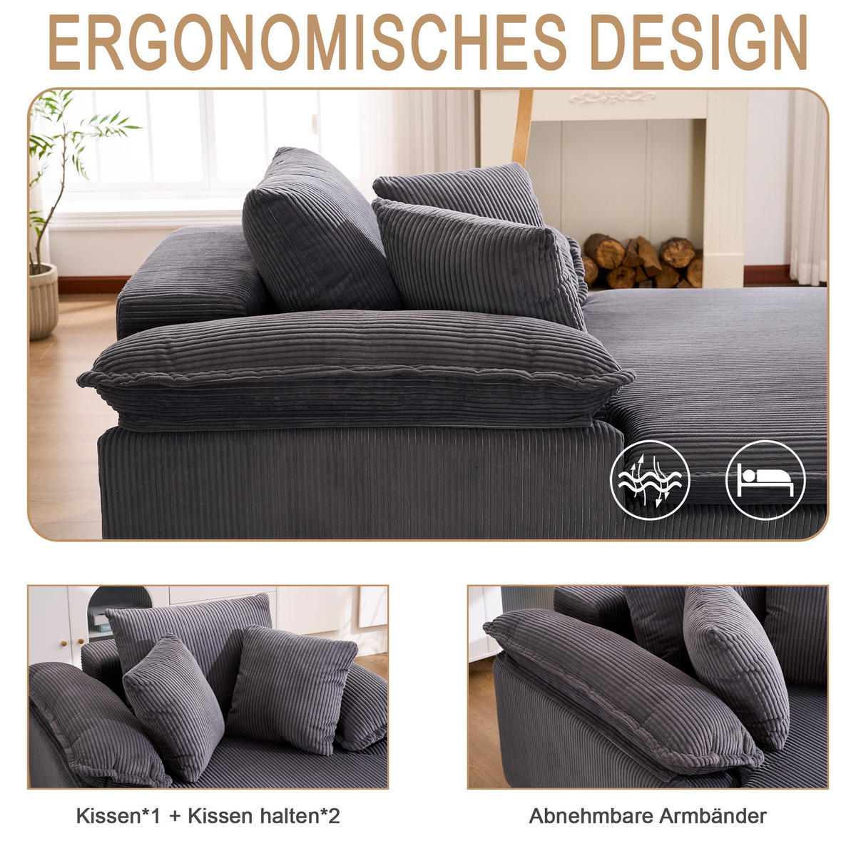 RELAXSOFA Cordstoff ergonomisch und ohne Montage 177/122/92 cm Grau - Grau, Textil (122/92/177cm) - Redom