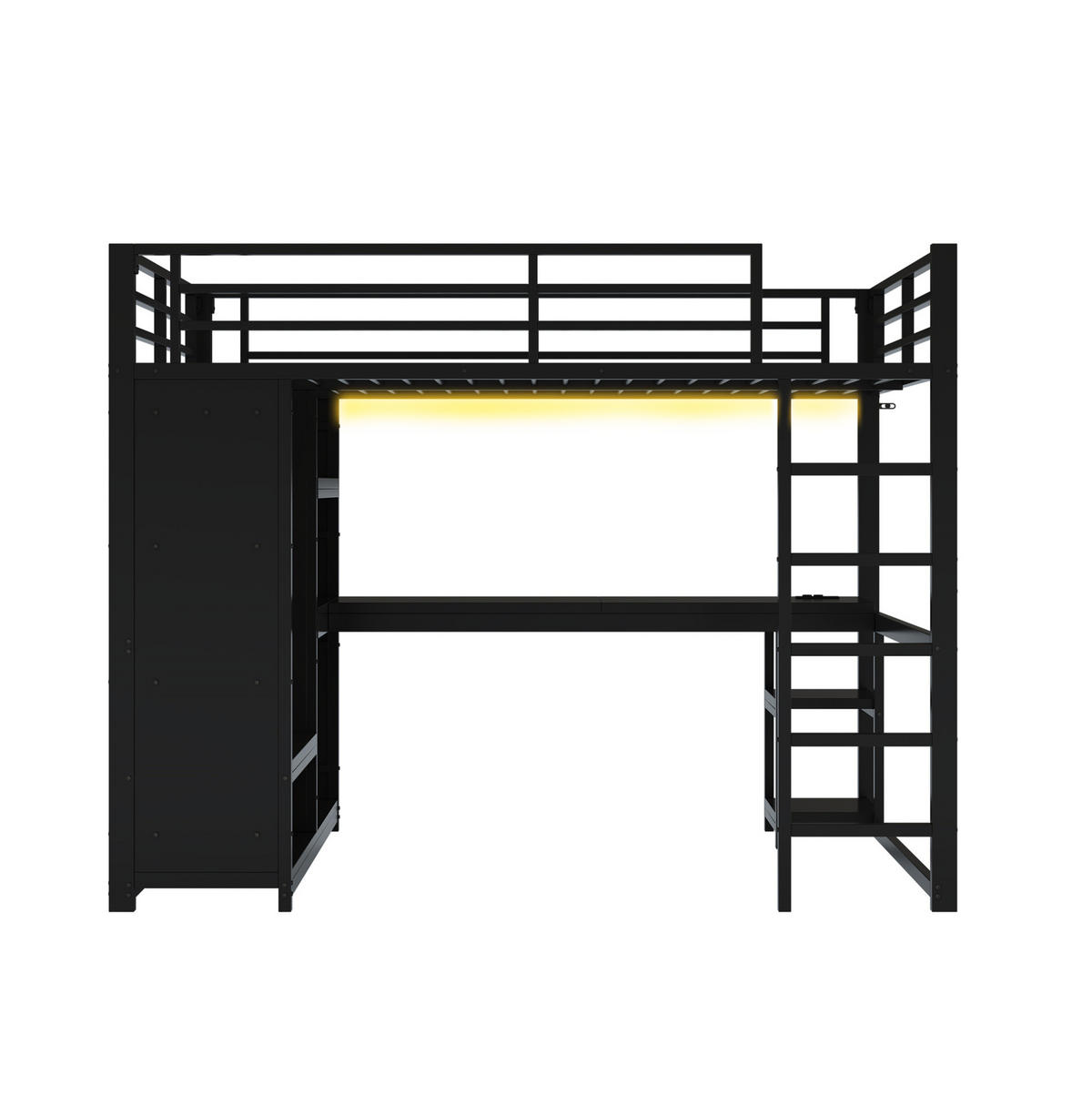 HOCHBETT 140/200 cm aus Metall mit LED-Beleuchtung, Schreibtisch und Kleiderstange - Schwarz, Metall (140/200cm) - Flora Grace
