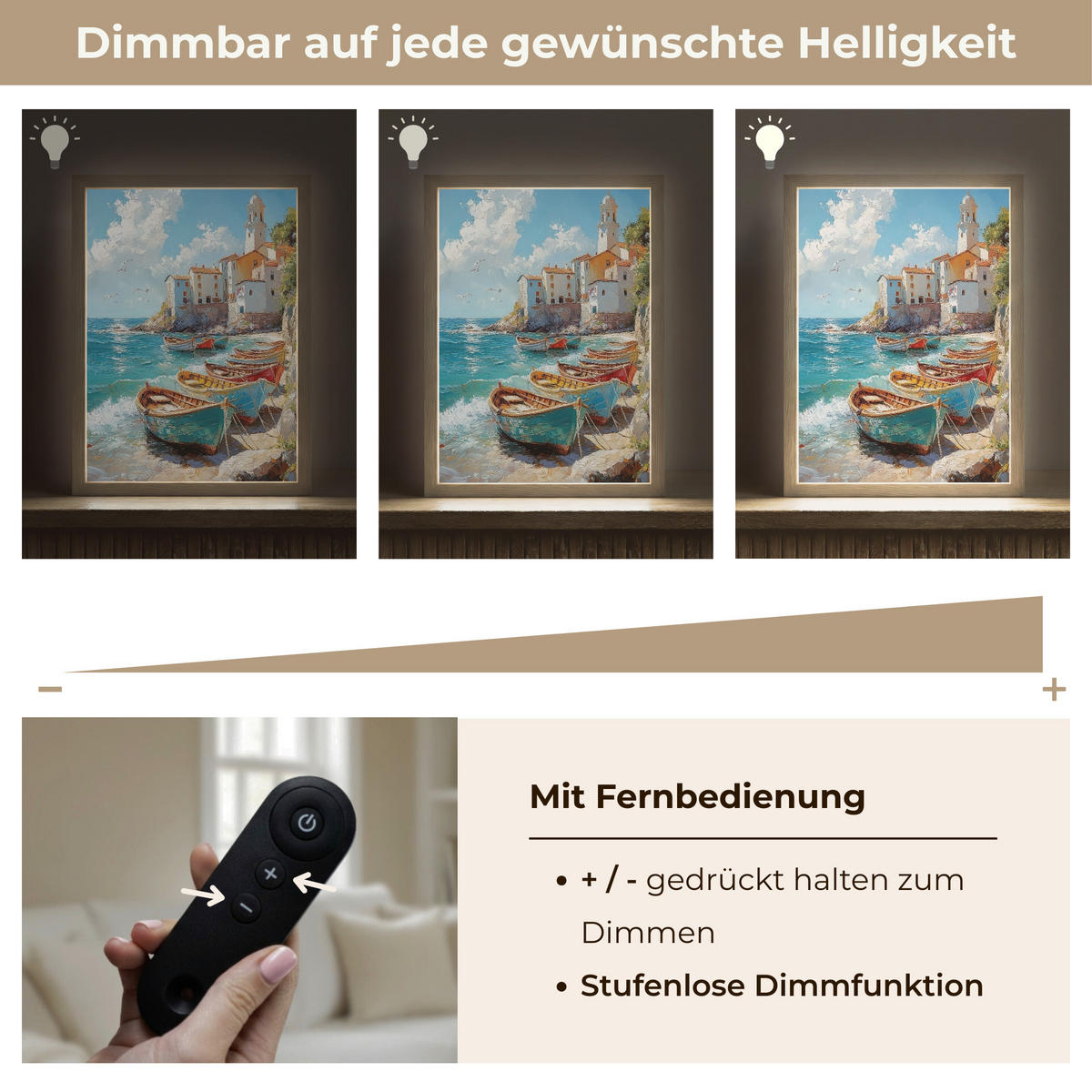 NÁSTĚNNÁ LAMPA S AKUMULÁTOREM Lodě - skály - moře - slunce 30x40 cm - modrá, kompozitní dřevo (30/40/8cm) - OnlyWow