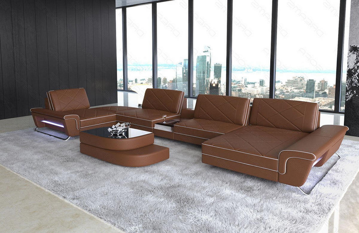 WOHNLANDSCHAFT Bari U - Hellbraun, Leder (456/89/243cm) - Sofa Dreams