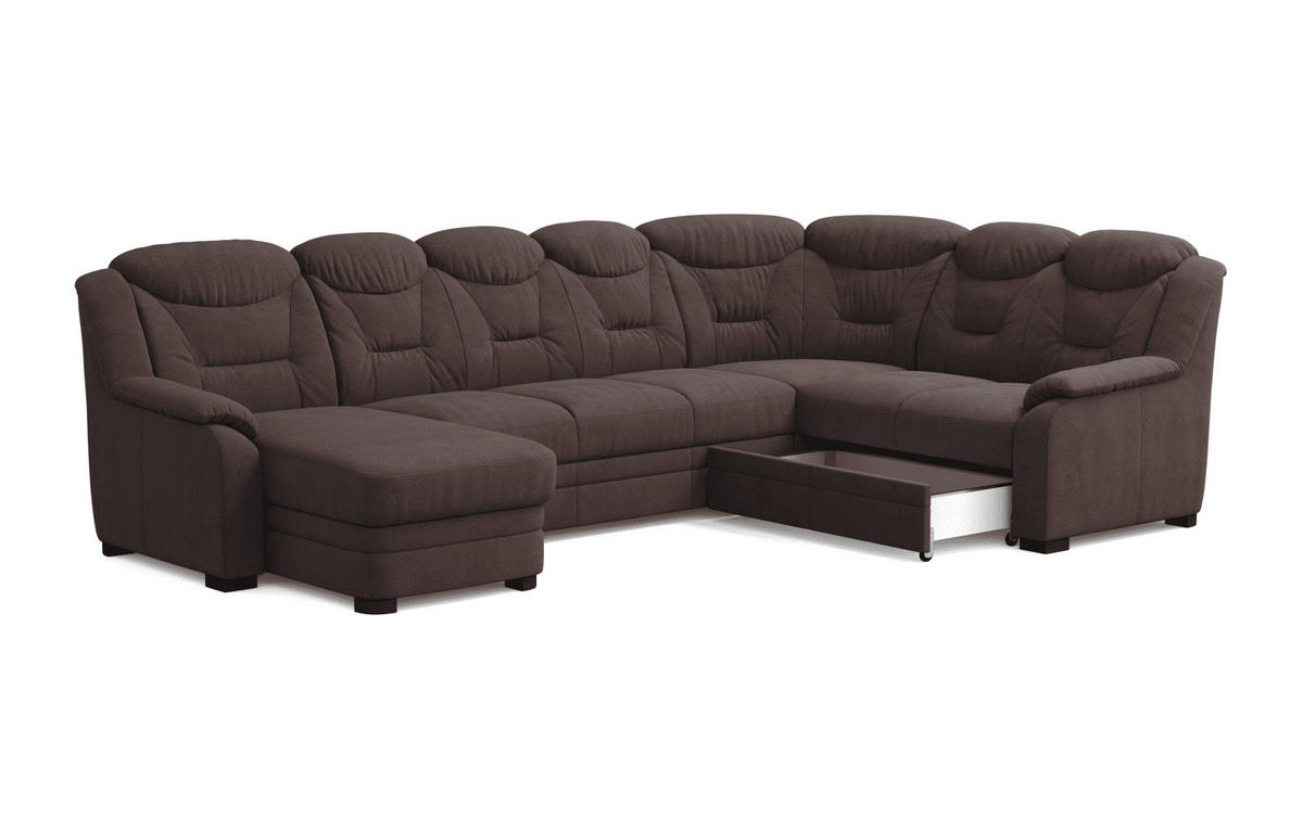 WOHNLANDSCHAFT mit Schlaffunktion und Bettkasten – weiches Chenille-Gewebe - Dunkelbraun/Schwarz, Holz/Kunststoff (211/99/330cm) - Cotta