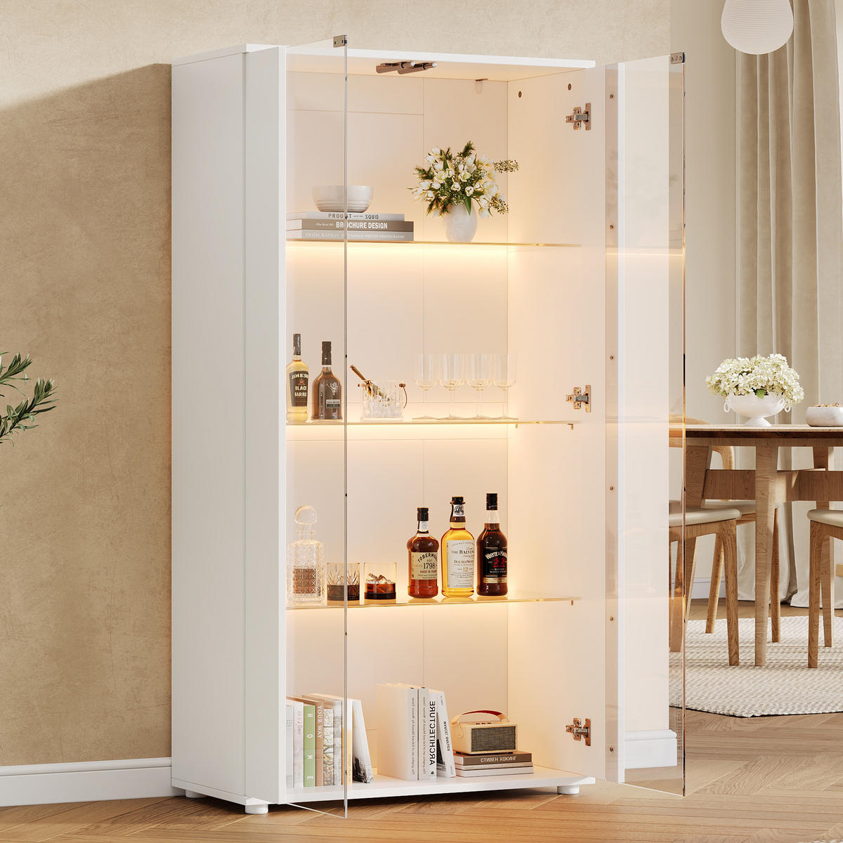 VITRINE 80x36x150 cm Weiß mit LED und 2 Türen - Weiß, Holzwerkstoff (80/150/36cm) - FLIEKS
