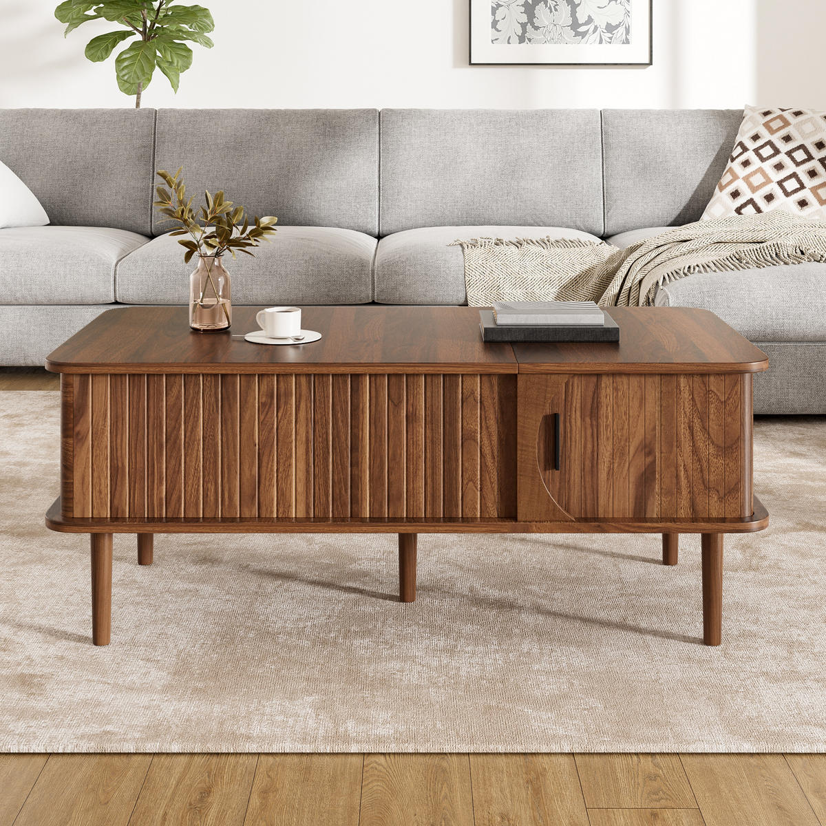 COUCHTISCH Multifunktionaler Wohnzimmertisch mit höhenverstellbarer Tischplatte, verschiebbarer Tür, Walnuss - Braun, Holzwerkstoff (100/48/55.5cm) - EVRYAE