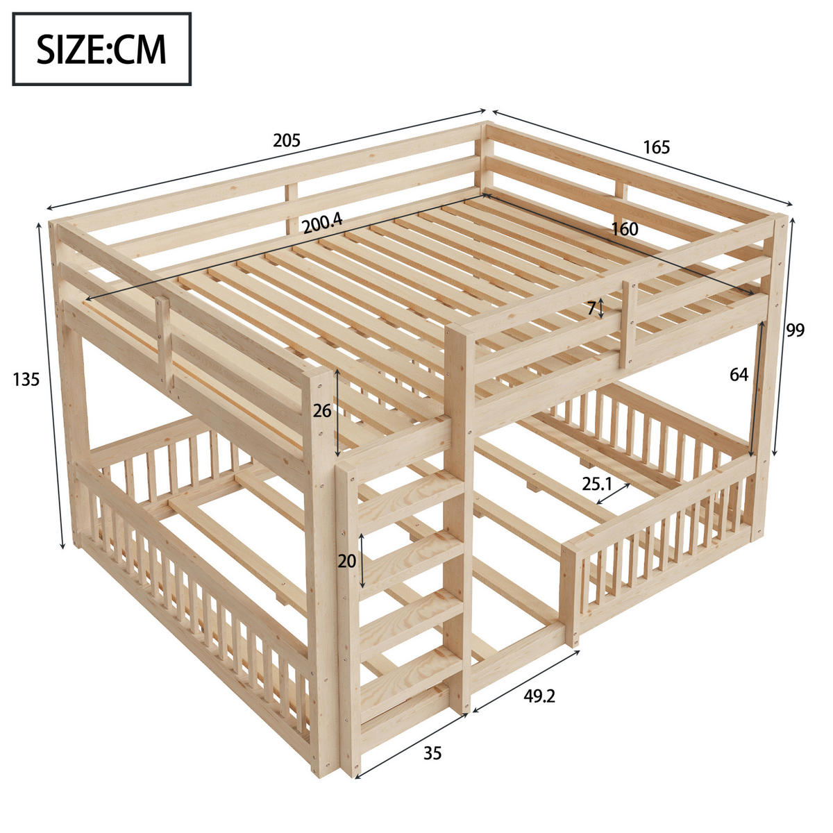 ETAGENBETT 160/200 cm aus Kiefernholz und MDF mit Geländern, Natur - Naturfarben, Holzwerkstoff (160/200cm) - OKMYHOME