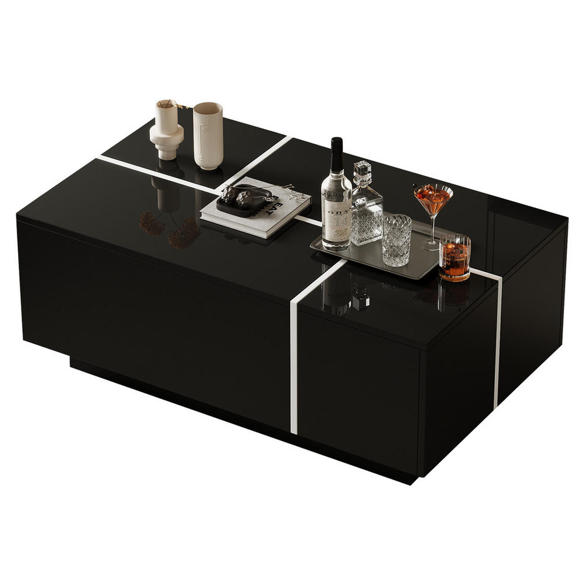 COUCHTISCH 100x60cm Schwarz Quadratisch Patchwork 4 Schubladen 30kg Belastung - Schwarz, Holz (79.6/39.57/20.6cm) - FLIEKS