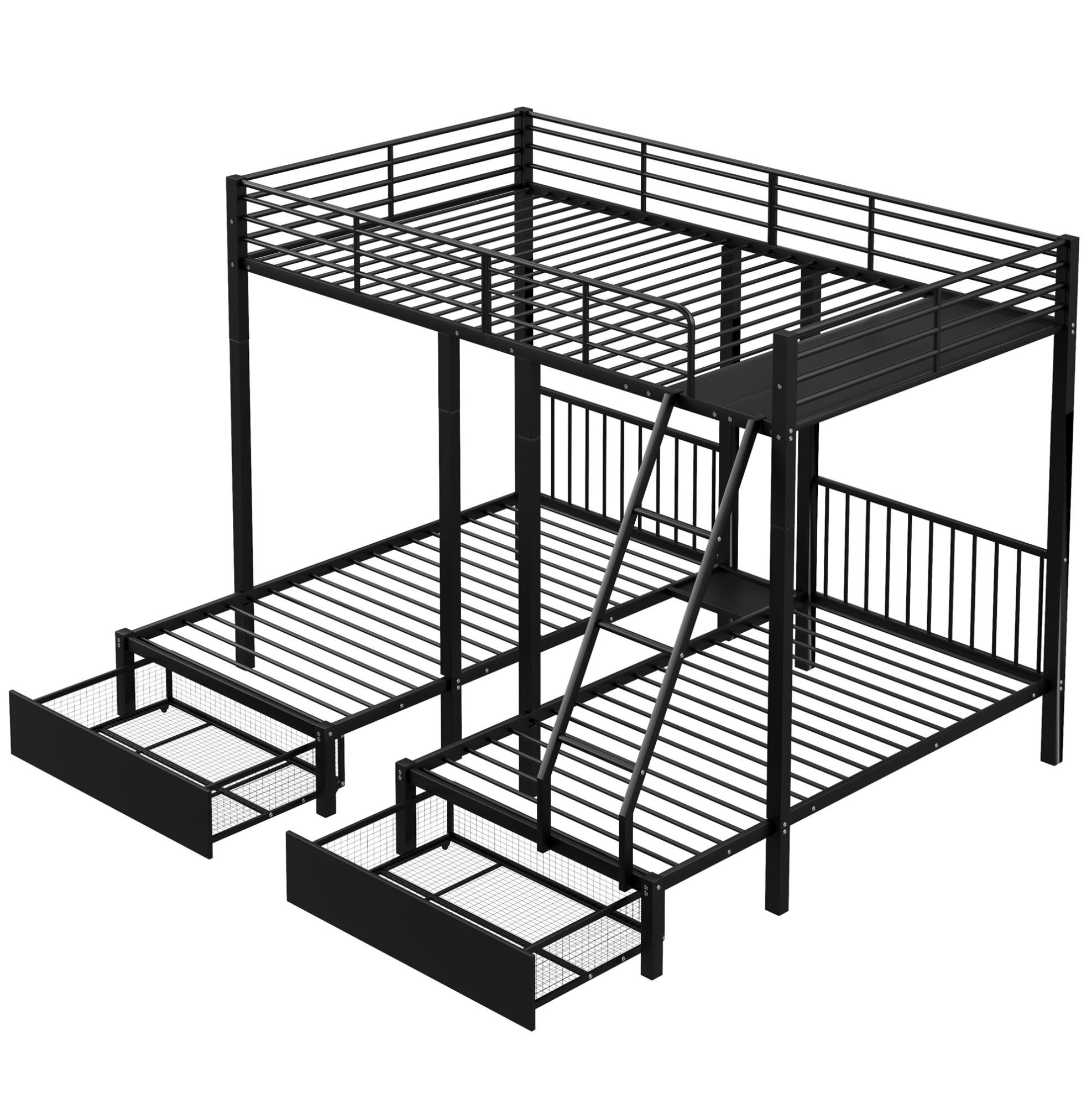 ETAGENBETT 140/200 cm & 2x 90/200 cm aus Metall mit Schubladen, teilbar - Schwarz, Metall (140/200cm) - BEAOK