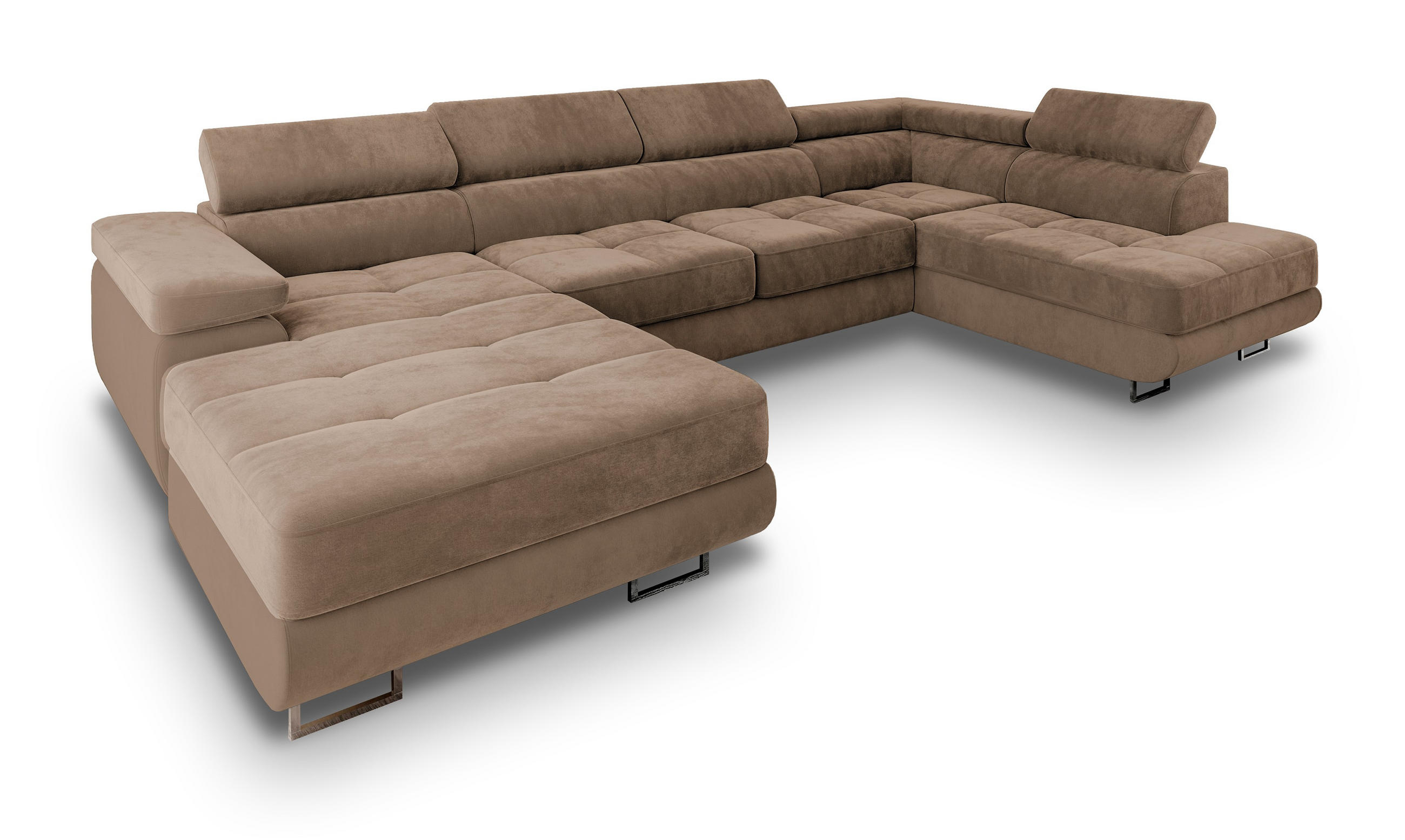 WOHNLANDSCHAFT CASONE R-S Beige Velours-Stoff mit Schlaffunktion - Beige, Holz (345/90/202cm) - MASSENO