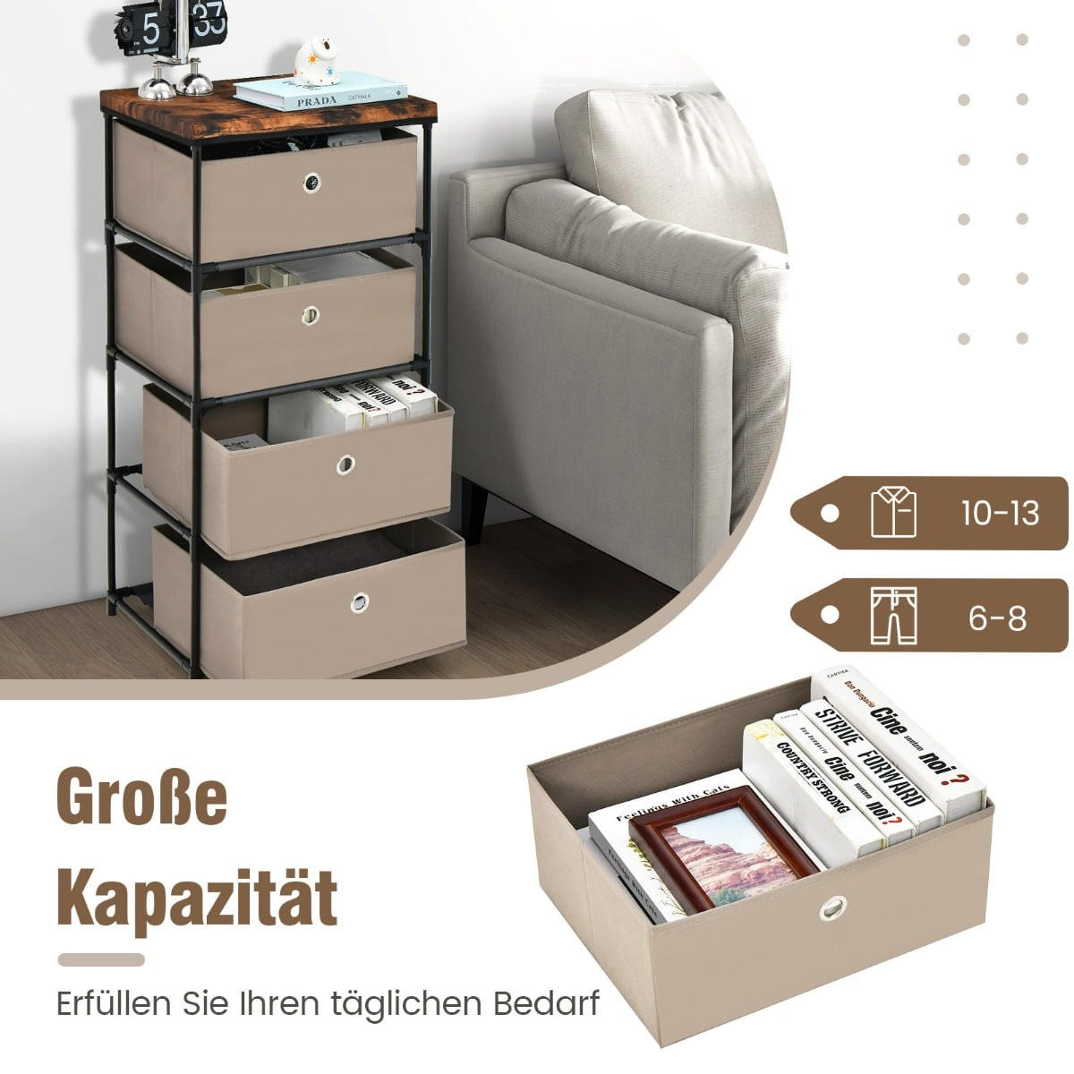 NACHTTISCH Stoffkommode 4 Schubladen 42 x 33,5 x 84,5 cm, Braun - Braun, Textil (42/84.5/33.5cm) - DESIGN IN