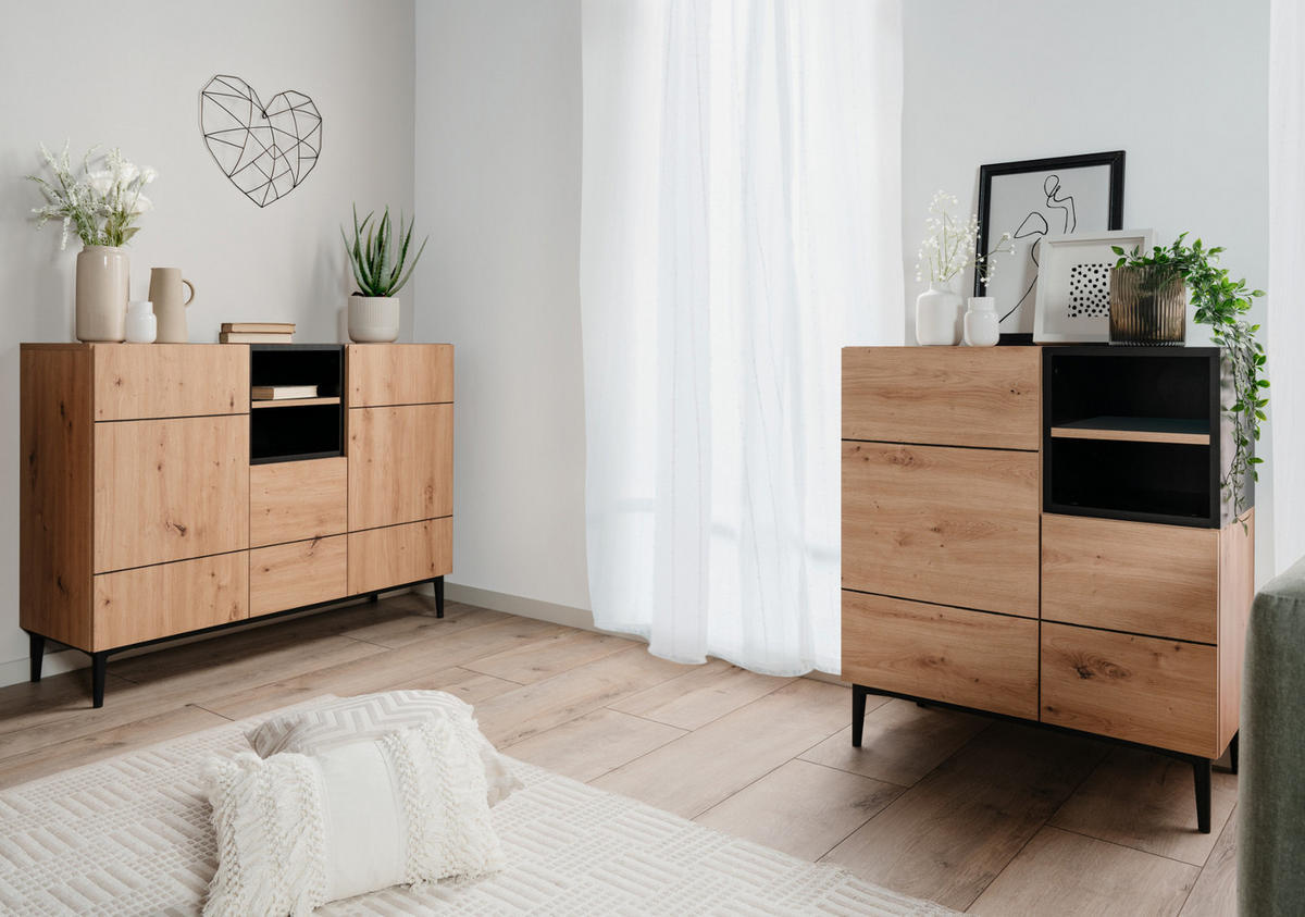 KOMMODE Eiche Artisan, schwarz 80 cm, Anrichte 2-türig mit 7 Fächern - Schwarz/Eiche Artisan, Holzwerkstoff (80/90/42cm) - Furn.Design