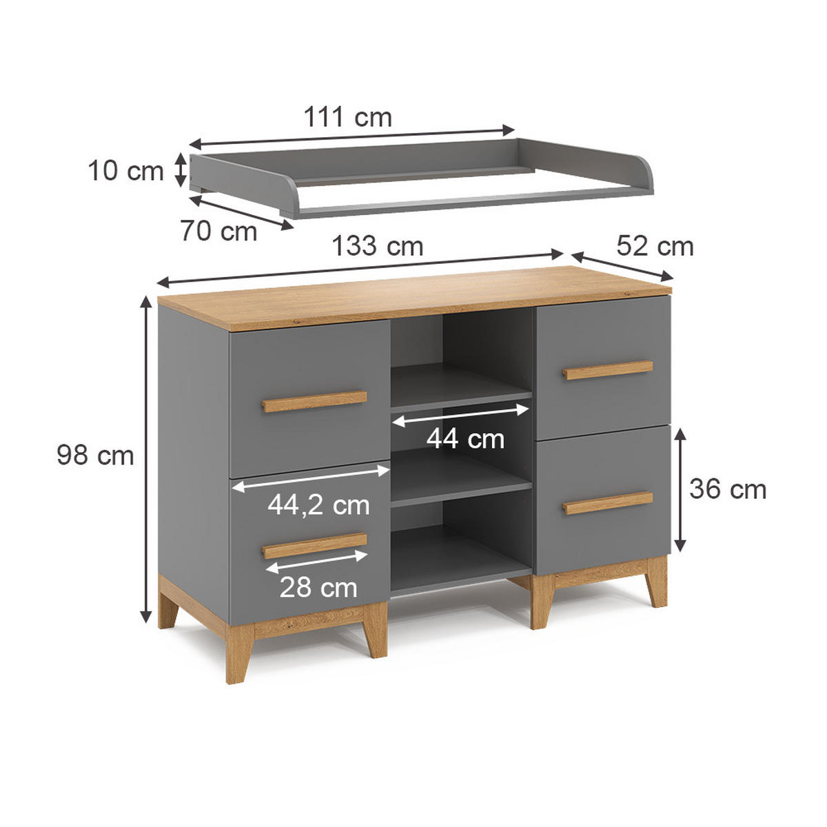 WICKELKOMMODE Malia Grau 133 x 98 cm XL mit 4 Schubladen - Eichefarben/Grau, Holzwerkstoff (133/108/70cm) - VitaliSpa