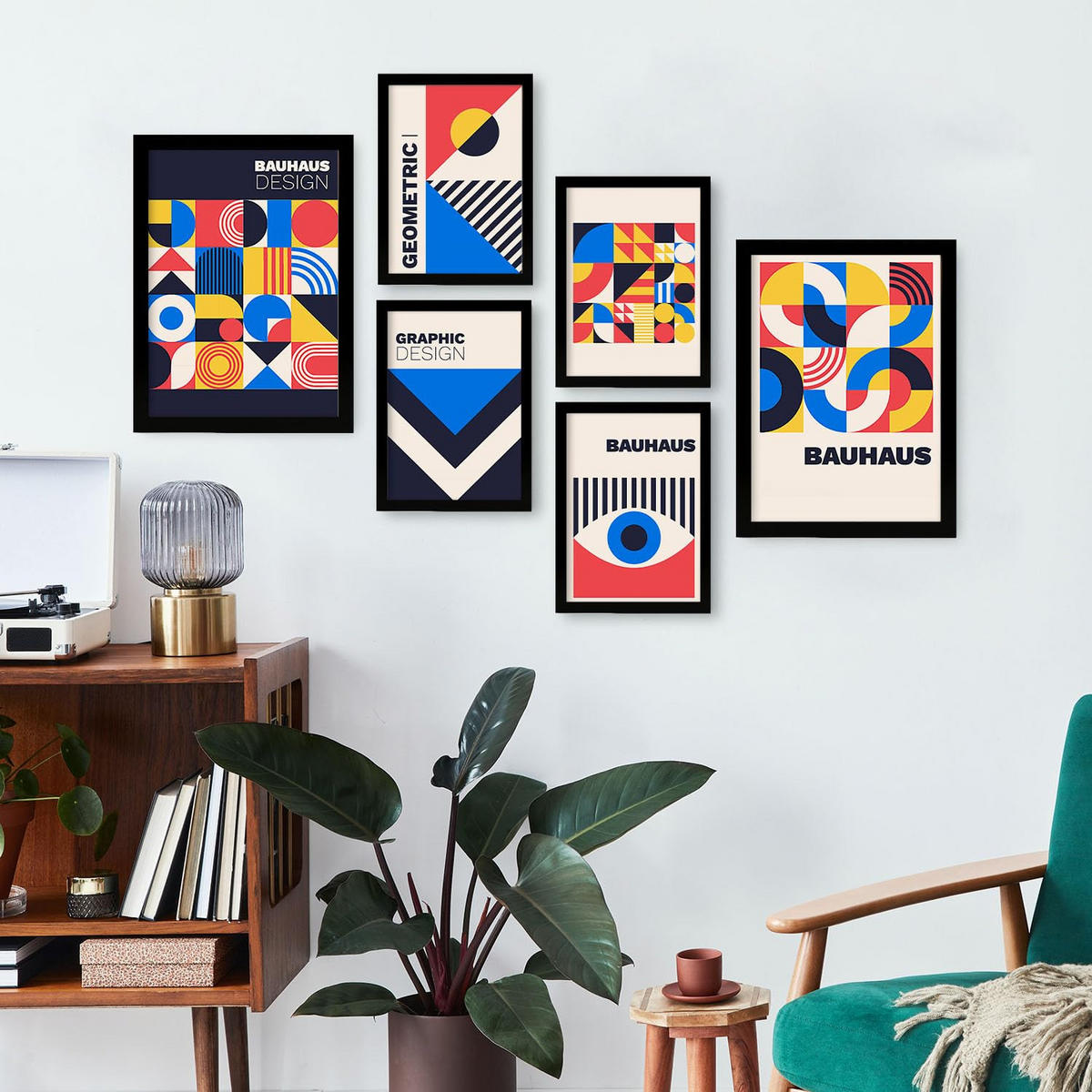 POSTER Set Mit 6 Drucken Im Bauhaus 6 Geometrische Designkollektion Drucke Mit Ästhetische Dekorative Rahmen Für Zuhause A3 & A4 Schwarzer Rahmen - Schwarz, Papier (29/3cm) - Nacnic