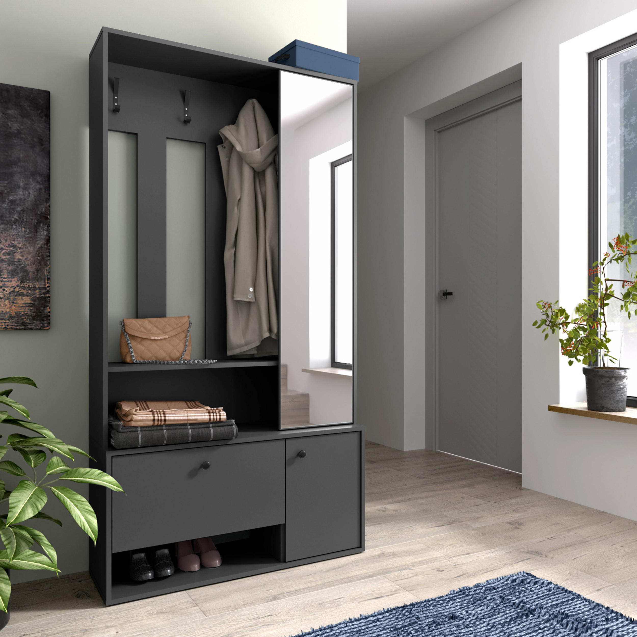 GARDEROBENSCHRANK Tokessa Graphit 100/191/33 cm - Modern mit Spiegel und Schuhschrank - Grau, Holzwerkstoff/Kunststoff (100/191/33cm) - AX Living