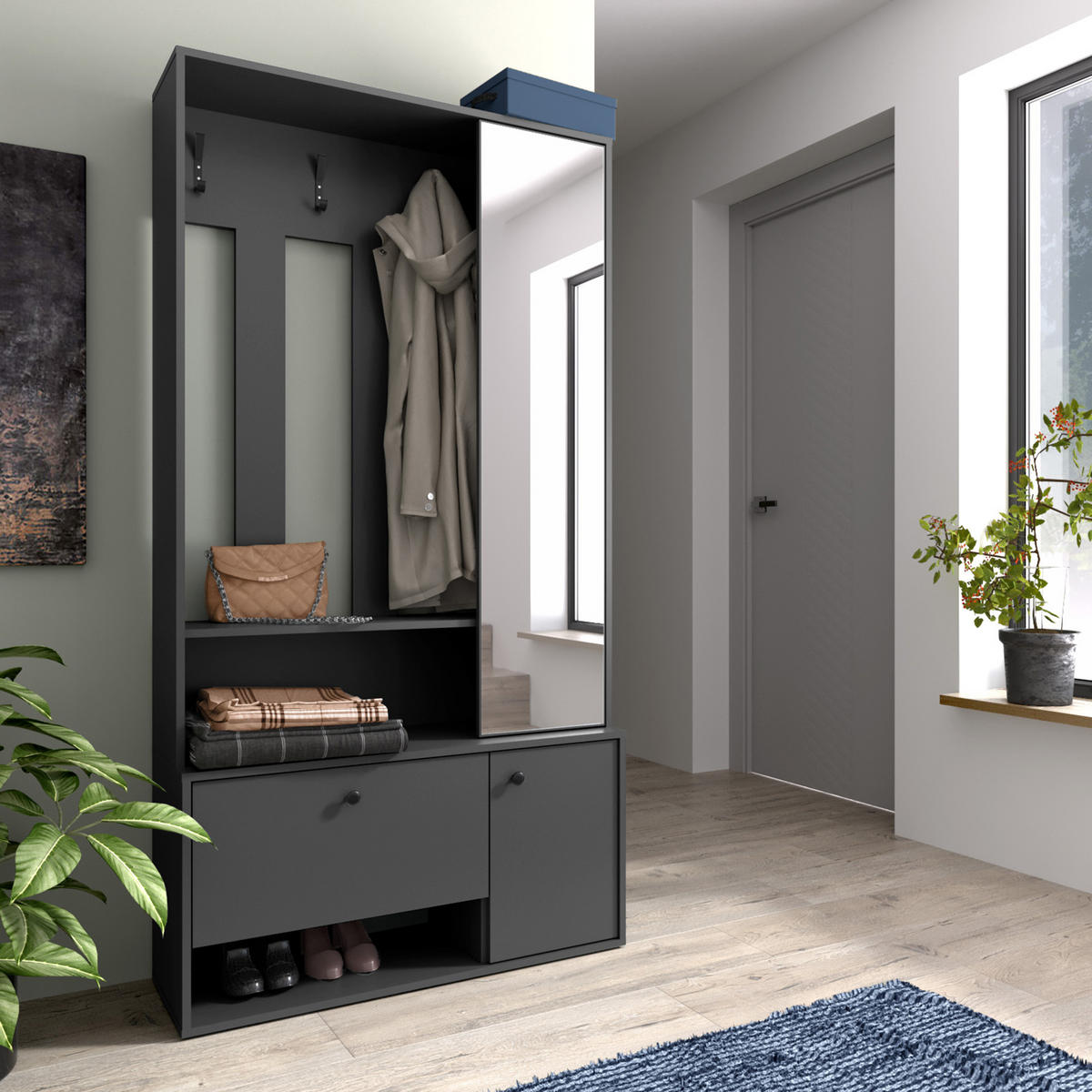 GARDEROBENSCHRANK Tokessa Graphit 100/191/33 cm - Modern mit Spiegel und Schuhschrank - Grau, Holzwerkstoff/Kunststoff (100/191/33cm) - AX Living
