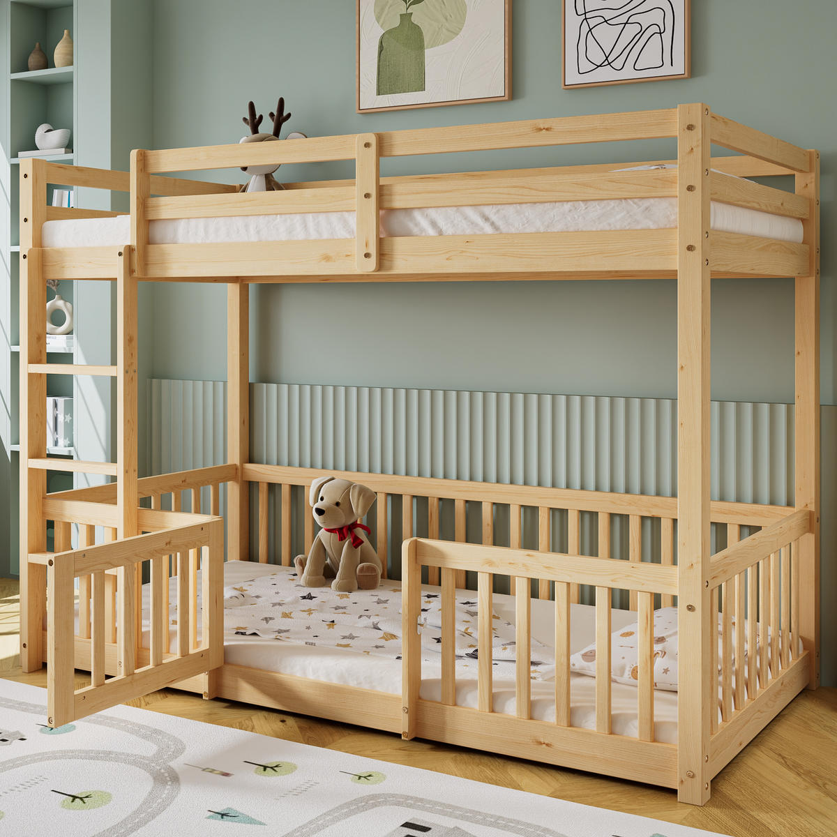 ETAGENBETT 90x200 cm, mit Schutzgeländer & rechtwinkliger Treppe, Massivholz, Natur - Naturfarben, Holz (90/200cm)