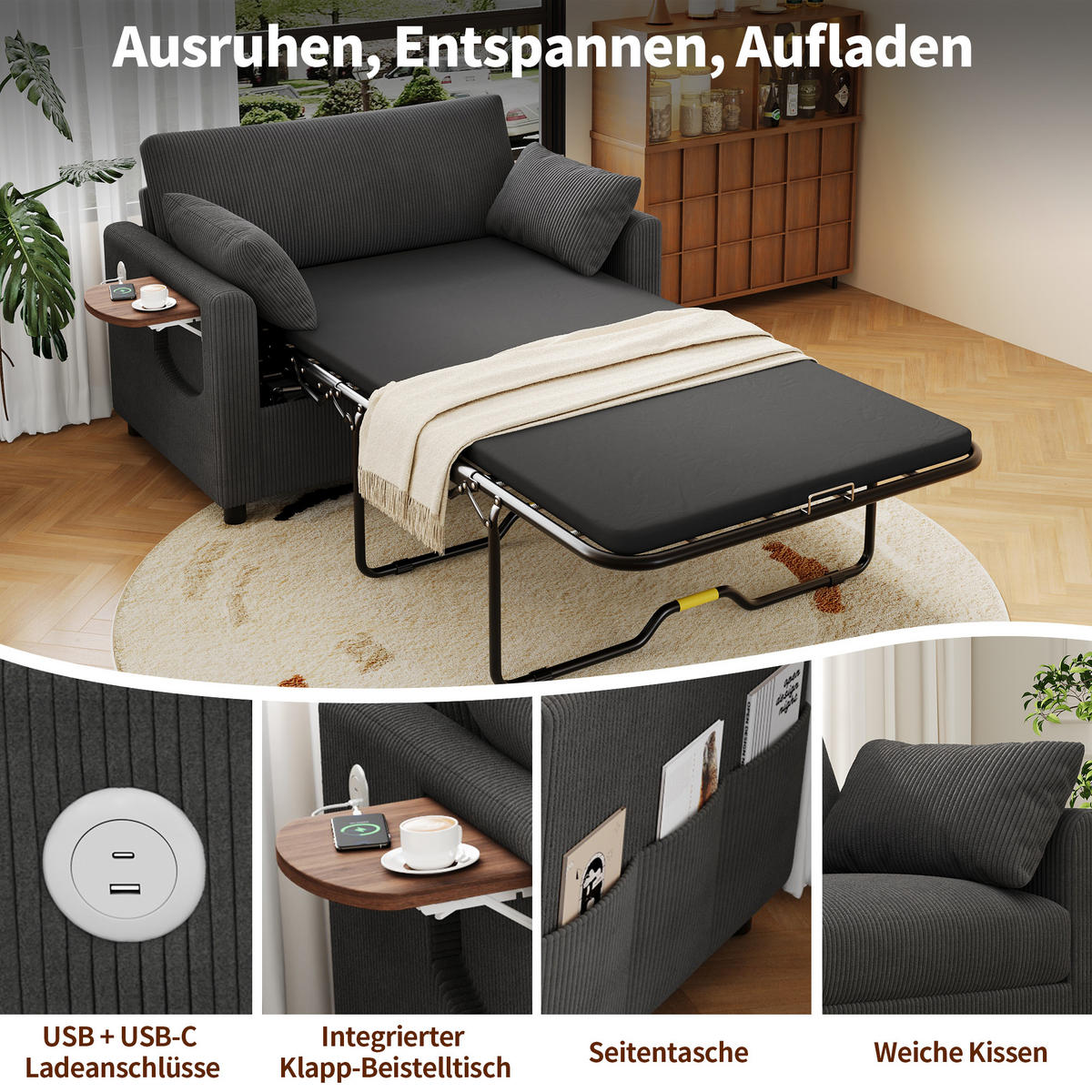 SCHLAFSOFA 2-Sitzer ausziehbar mit USB und Seitentisch, Grau - Grau, Textil (134/84/82cm)