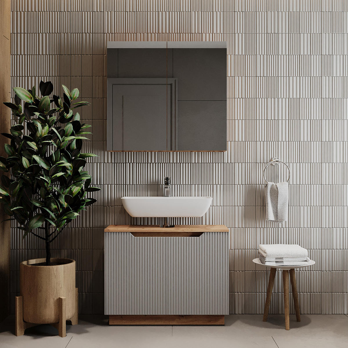 KOUPELNOVÝ NÁBYTEK Lotta Dubový/šedý pruhovaný - šedá/barva dubu, kompozitní dřevo (79.6/62.1/32cm) - Vicco