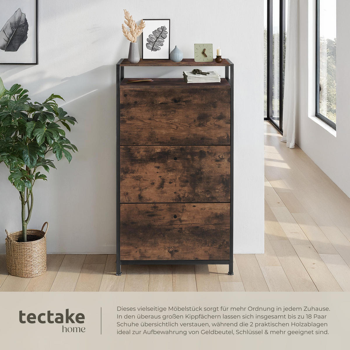 SCHUHSCHRANK Braddock,inklusive Kippschutz, 61 x 32 x 130 cm,Industrial Holz dunkel, rustikal - Rostfarben, Holzwerkstoff (32/130/61cm) - tectake