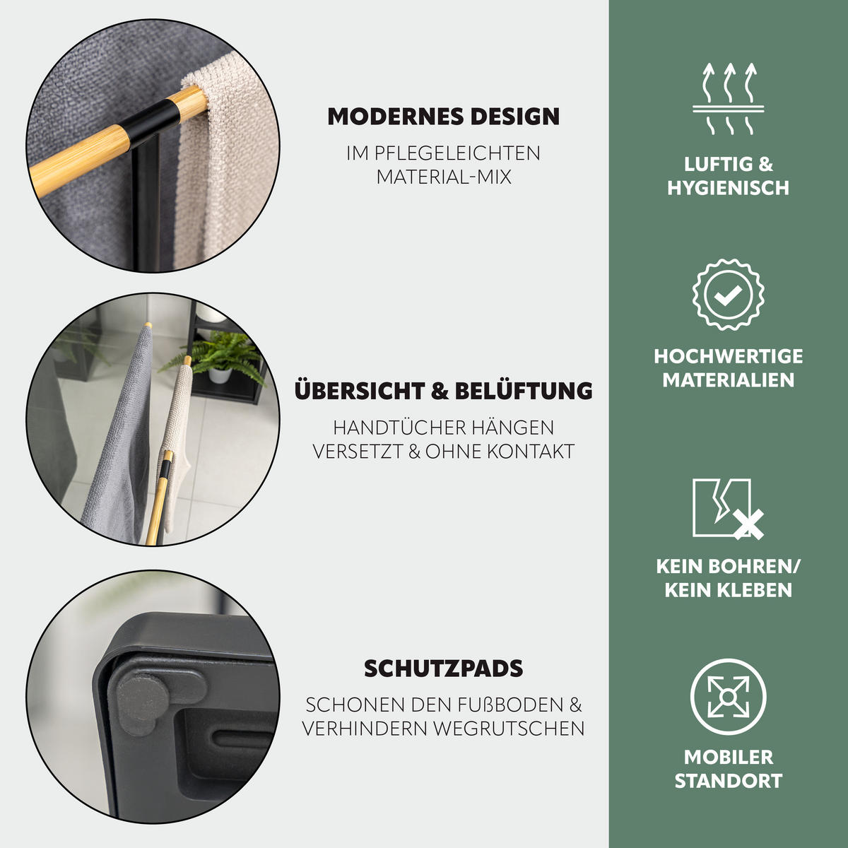 STAND-HANDTUCHHALTER, Bambus/Metall schwarz - Schwarz, Metall (68.5/79/18cm) - eluno