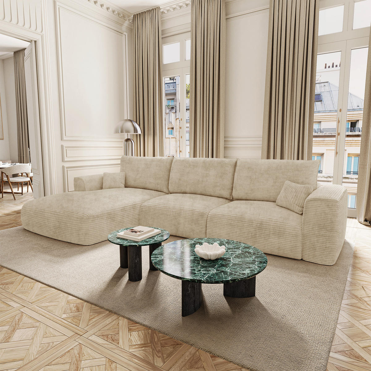 LINKSECK-SCHLAFSOFA mit Stauraum COMO Cord Beige 297cm - Beige, Textil (297/167cm) - Premium Interiors