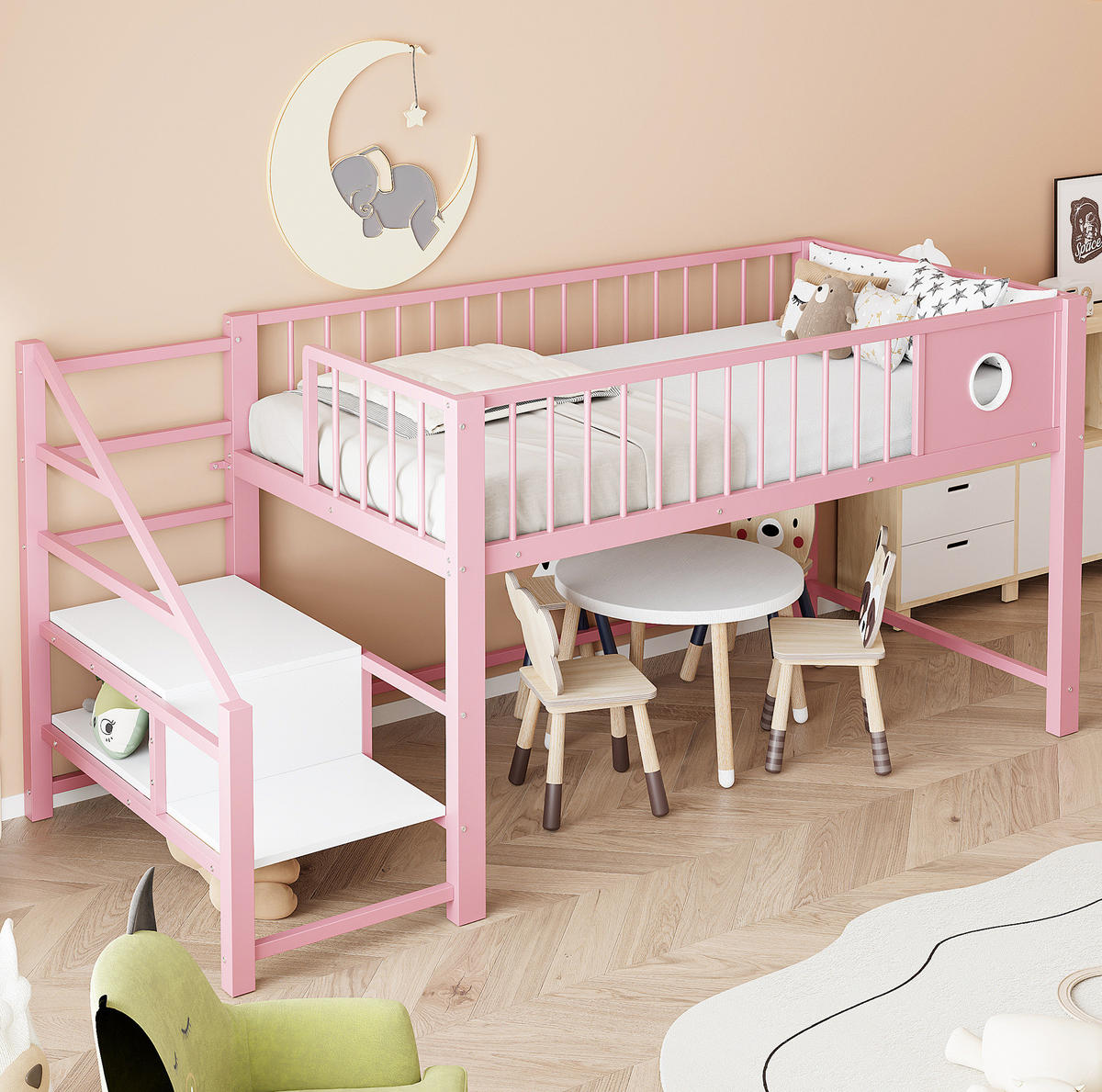 KINDERHBETT 90/200 cm mit Stauraumleiter und Metallgestell, Rosa - Rosa, Metall (90/200cm) - Redom