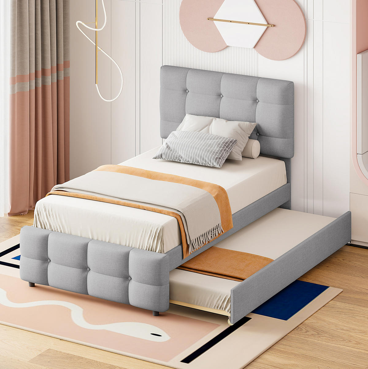 POLSTERBETT 90/200 cm Grau aus MDF, Metall und Leinenstoff mit ausziehbarem Bett - Grau, Textil (90/200cm) - OKMYHOME