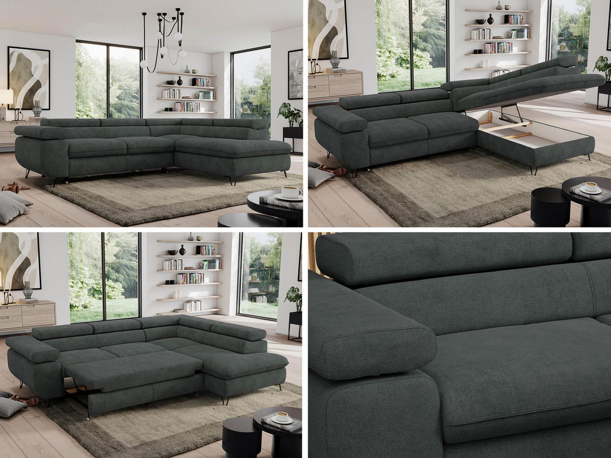 ECKSOFA PEDRO L Dunkelgrau Struktur - Rechts Seite - Dunkelgrau/Schwarz, Textil/Metall (273/208cm) - MKS