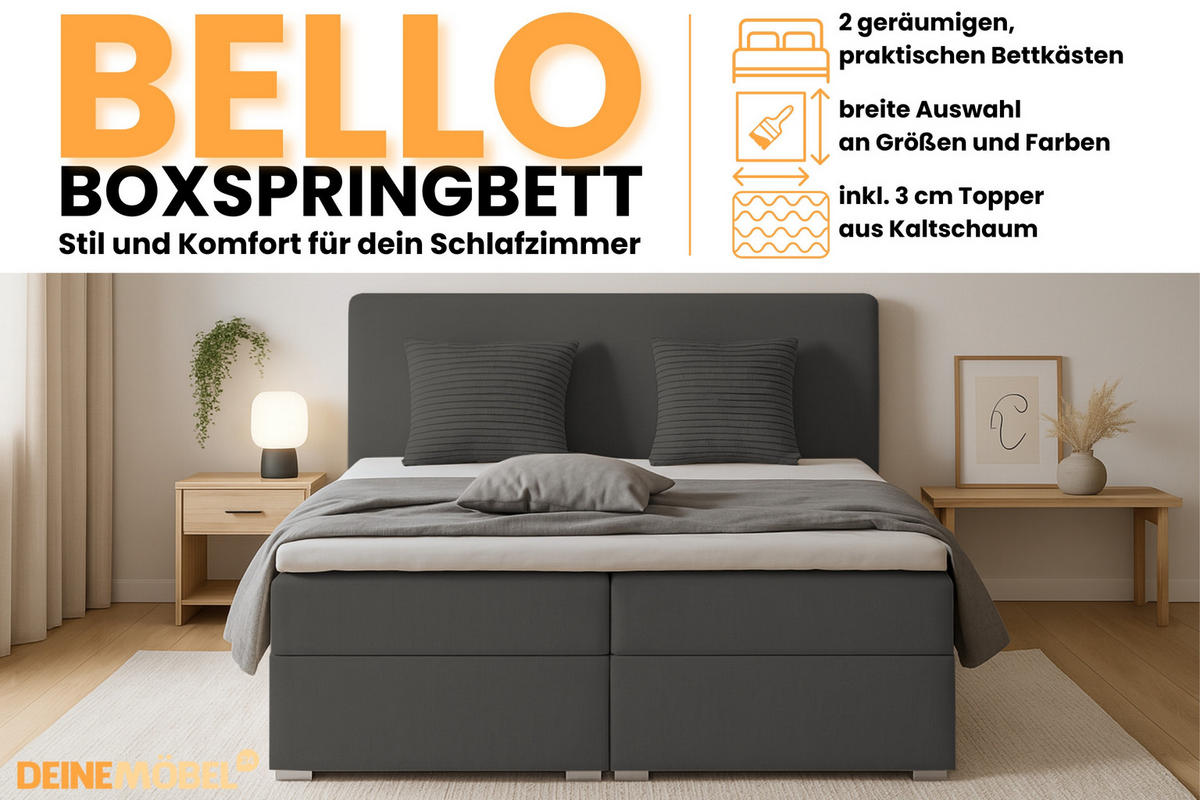 BOXBETT BELLO 160x200 in Velour Anthrazit H4 - Anthrazit, Holz/Holzwerkstoff (160/200cm) - Deine Möbel 24