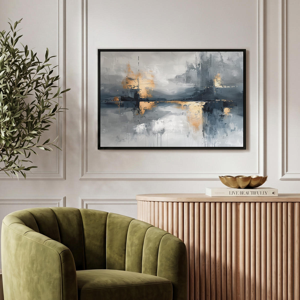 LEINWAND Bilder mit Rahmen - Kunst - Grau - Gold - Abstrakt - 60x40 - Dunkelgrau, Textil (60/40cm) - MuchoWow