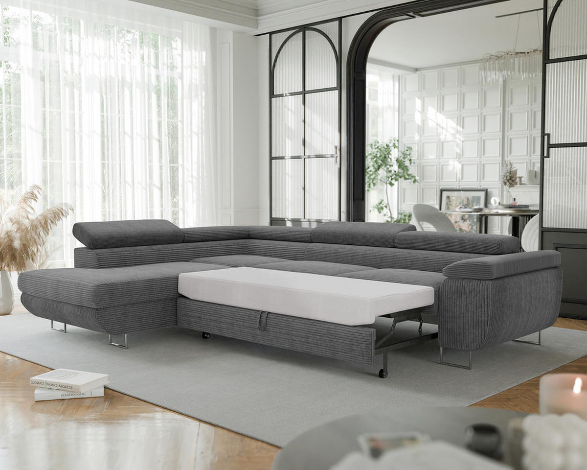 ECKSOFA ANTON mit Schlaffunktion und Bettkasten Grau - Grau, Holzwerkstoff/Kunststoff (274/203cm) - Idohome