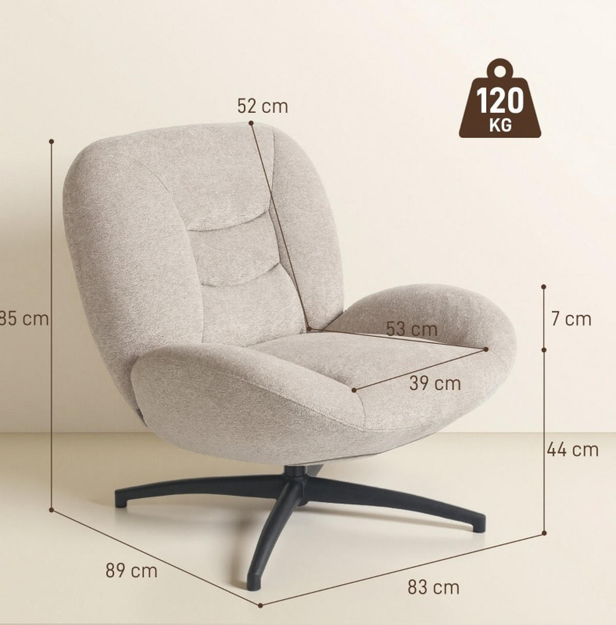 DREHSTUHL 83/89/85 cm Cremeweiß aus Polyester mit 360°-Drehfunktion - Creme, Textil (83/85/89cm) - OKWISH