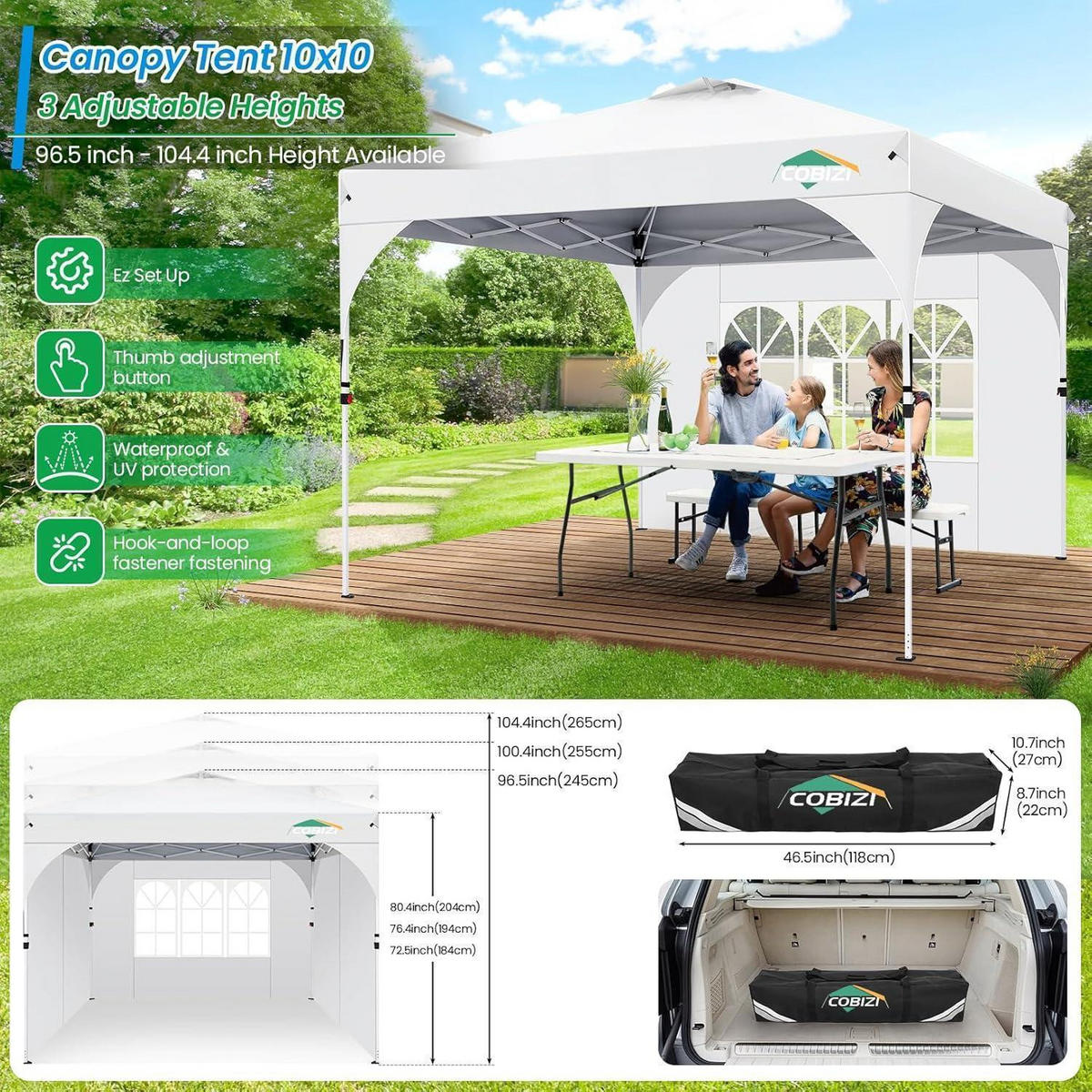 GARTENPAVILLON 3x3m Wasserdicht mit Seitenwänden Weiß - Weiß, Textil (300.2/265.2/300.2cm)