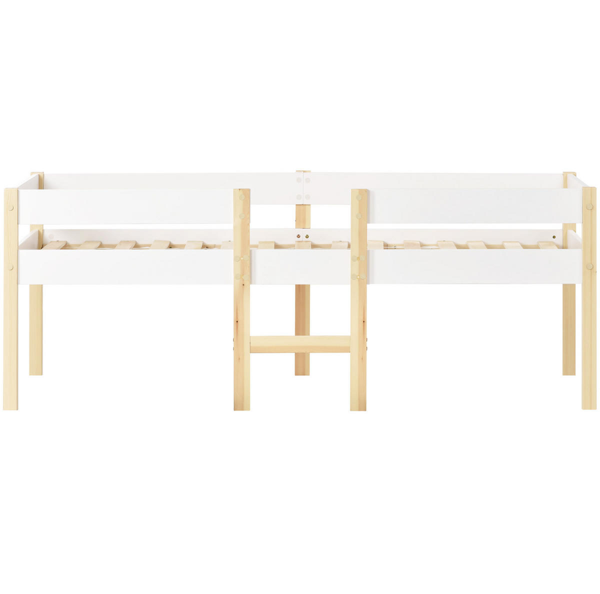 KINDERBETT 90/200 cm halbhoch aus Kiefer massiv mit Rausfallschutz und Leiter - Weiß, Holz (90/200cm) - BEAOK