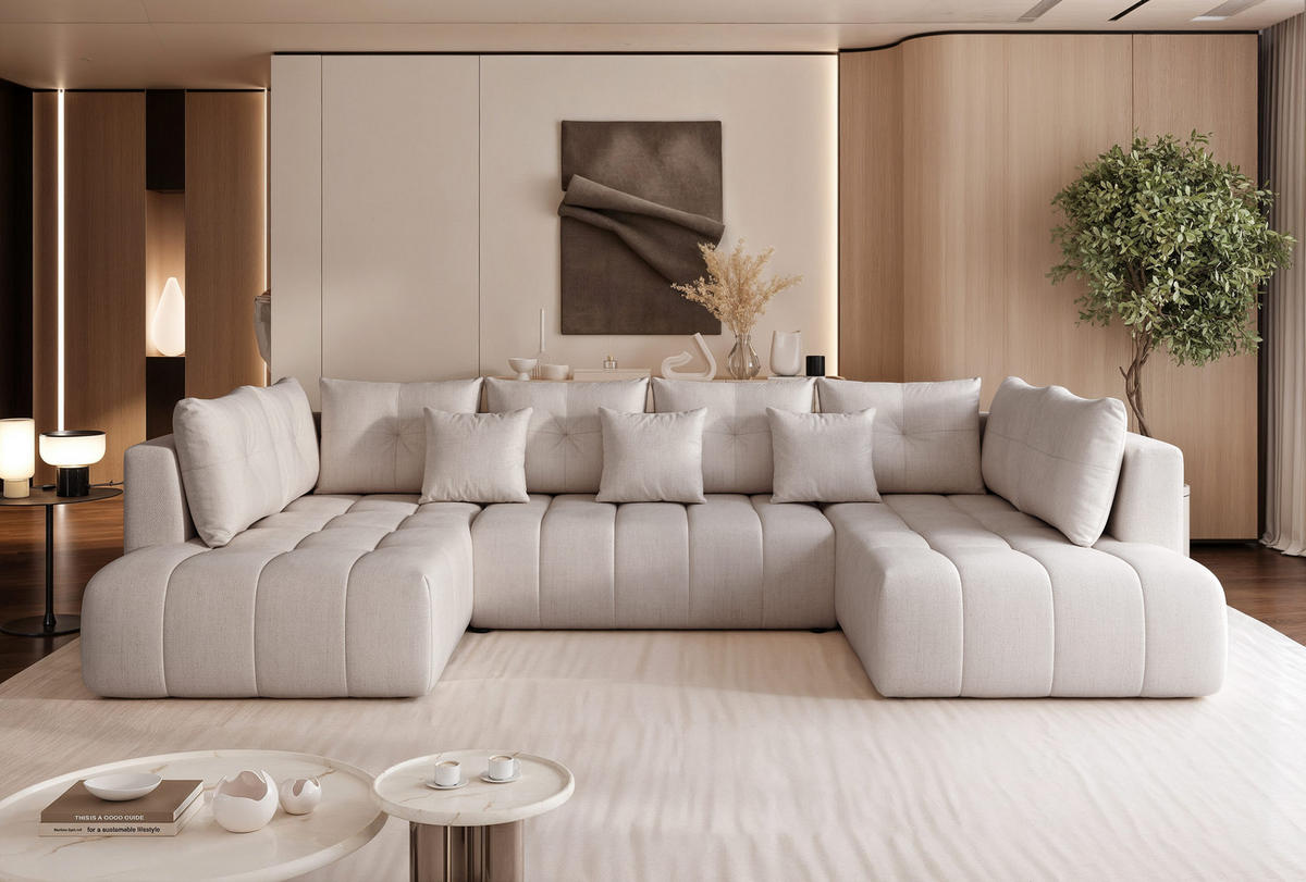 WOHNLANDSCHAFT STONE mit Schlaffunktion und Bettkasten, Stoff Hellgrau - Hellgrau, Kunststoff/Textil (350/91/190cm) - Idohome