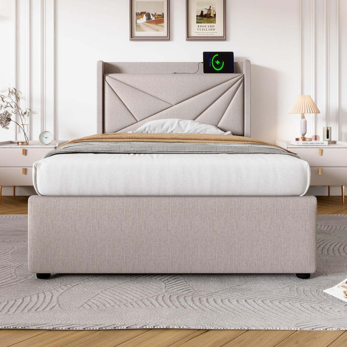 POLSTERBETT 90/200 cm in Beige mit Bettkasten und USB- und Type-C-Anschlüssen - Beige, Textil (90/200cm) - Flora Grace