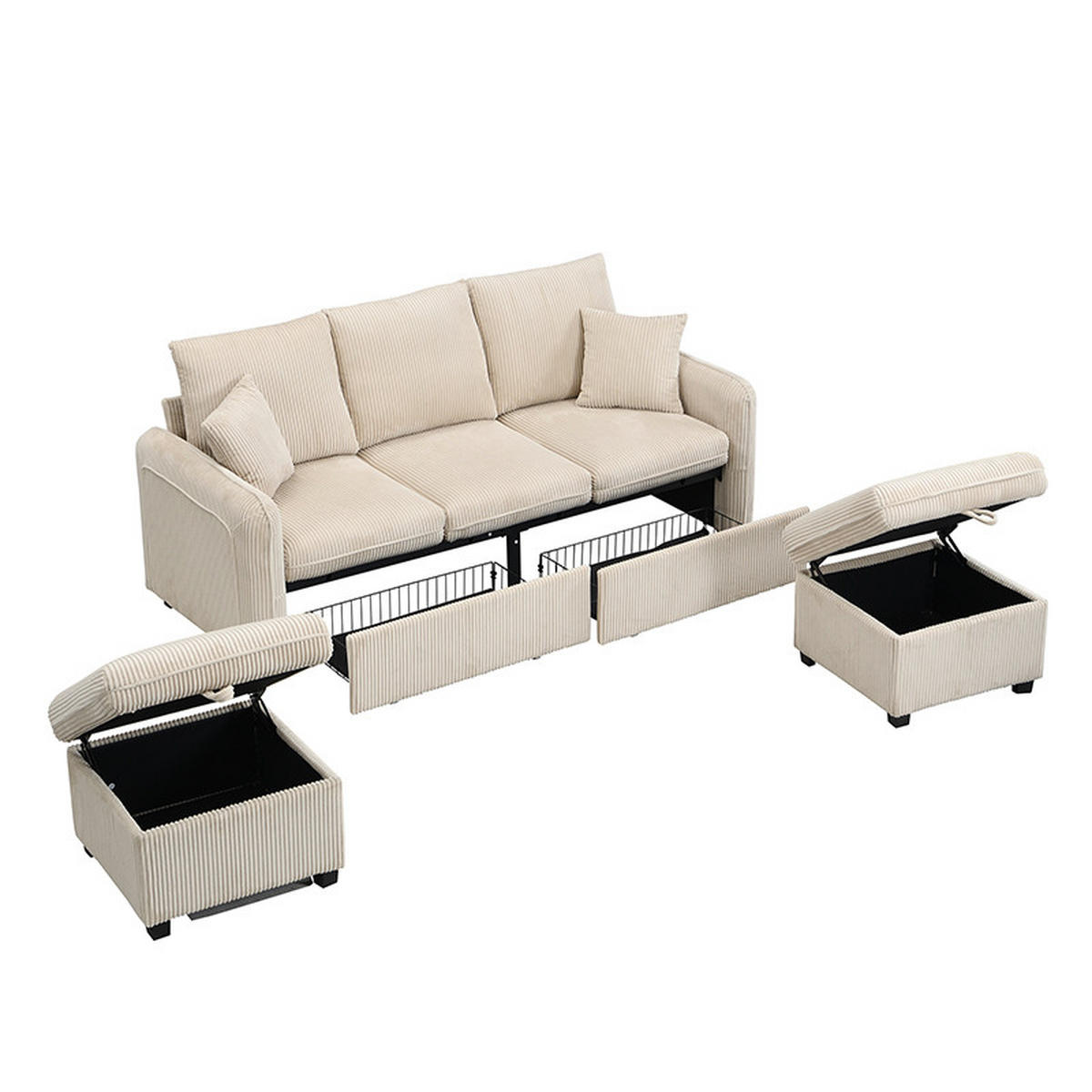 WOHNLANDSCHAFT U-Form mit Schlaffunktion und Staufunktion in Beige Cord 200/130/80 cm - Beige, Kunststoff (188/86/186cm) - OKWISH